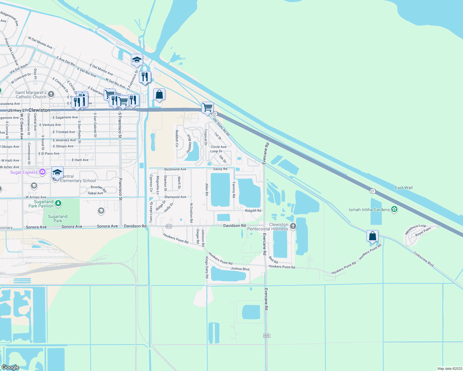 map of restaurants, bars, coffee shops, grocery stores, and more near 655 Tammy Road in Clewiston