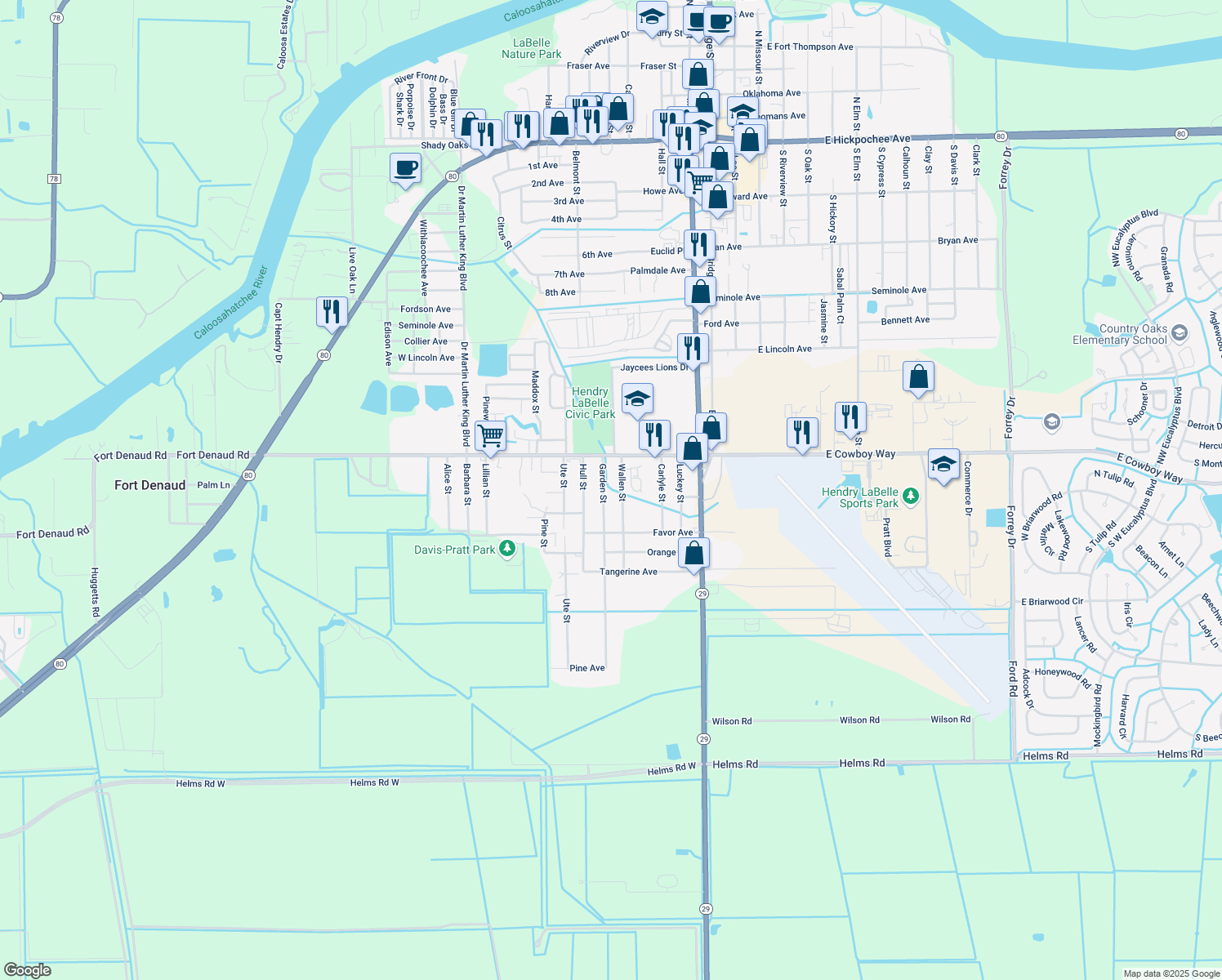 map of restaurants, bars, coffee shops, grocery stores, and more near 1111 Garden Street in LaBelle