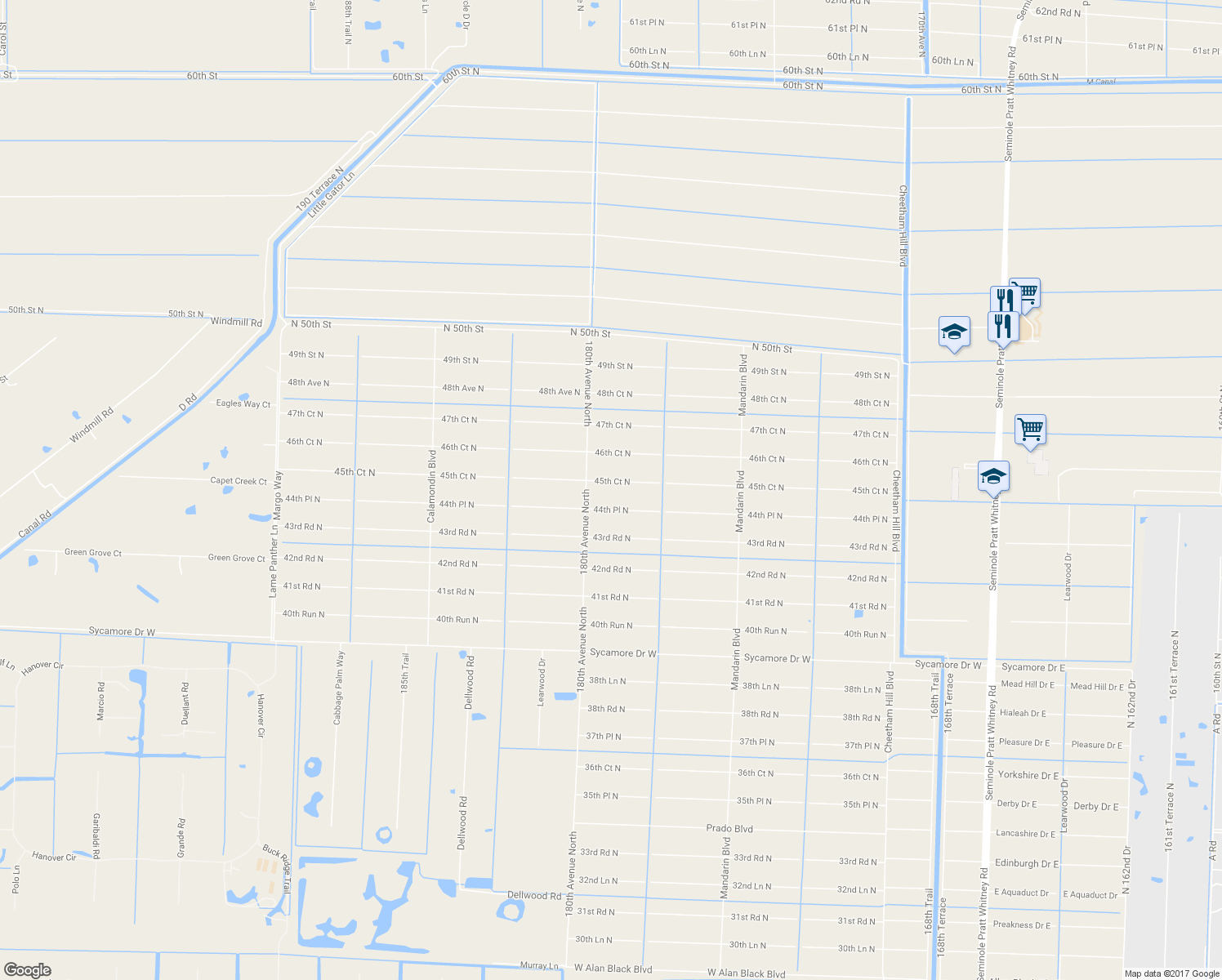 map of restaurants, bars, coffee shops, grocery stores, and more near 17957 45th Court North in Loxahatchee