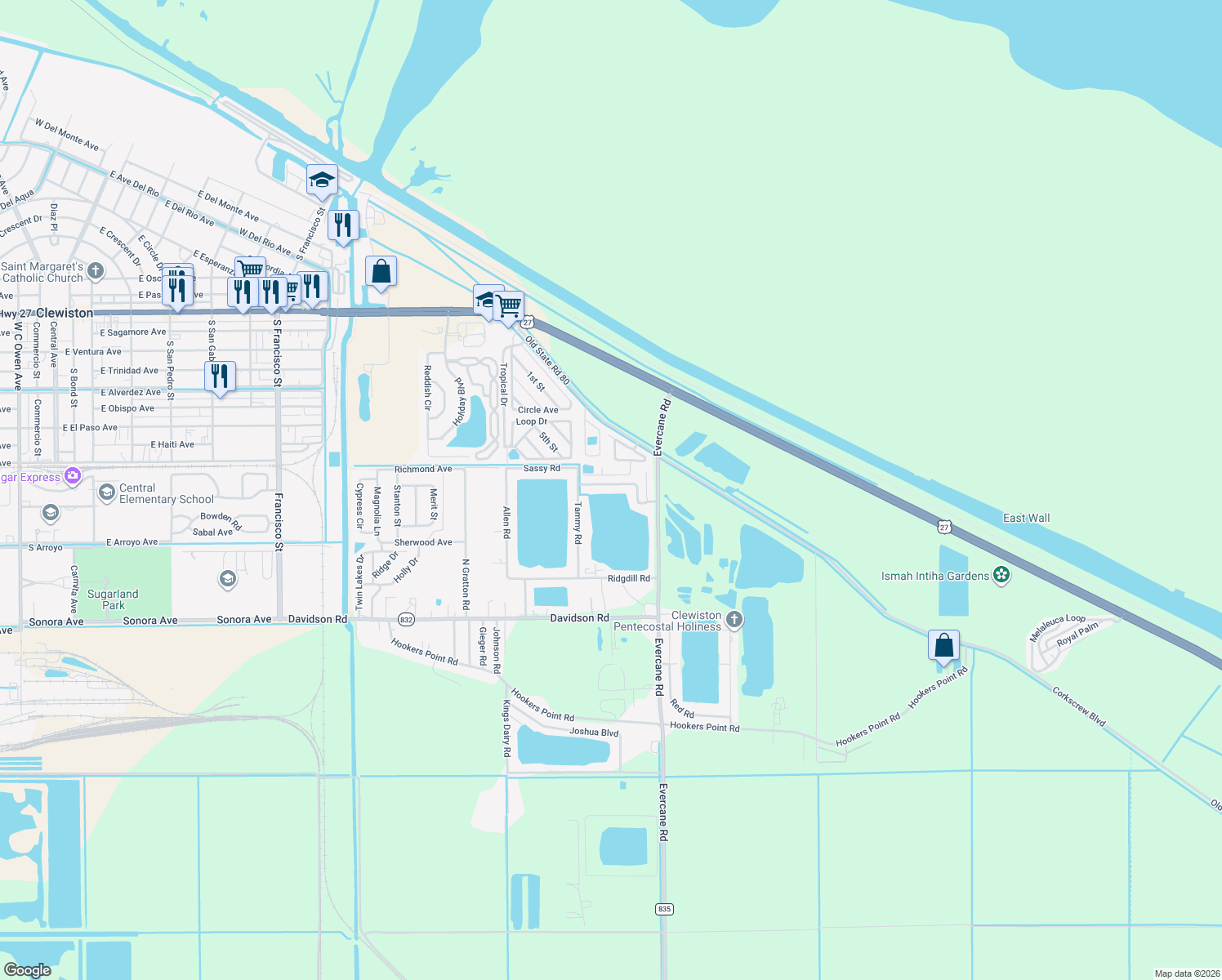 map of restaurants, bars, coffee shops, grocery stores, and more near 1766 Melissa Road in Clewiston