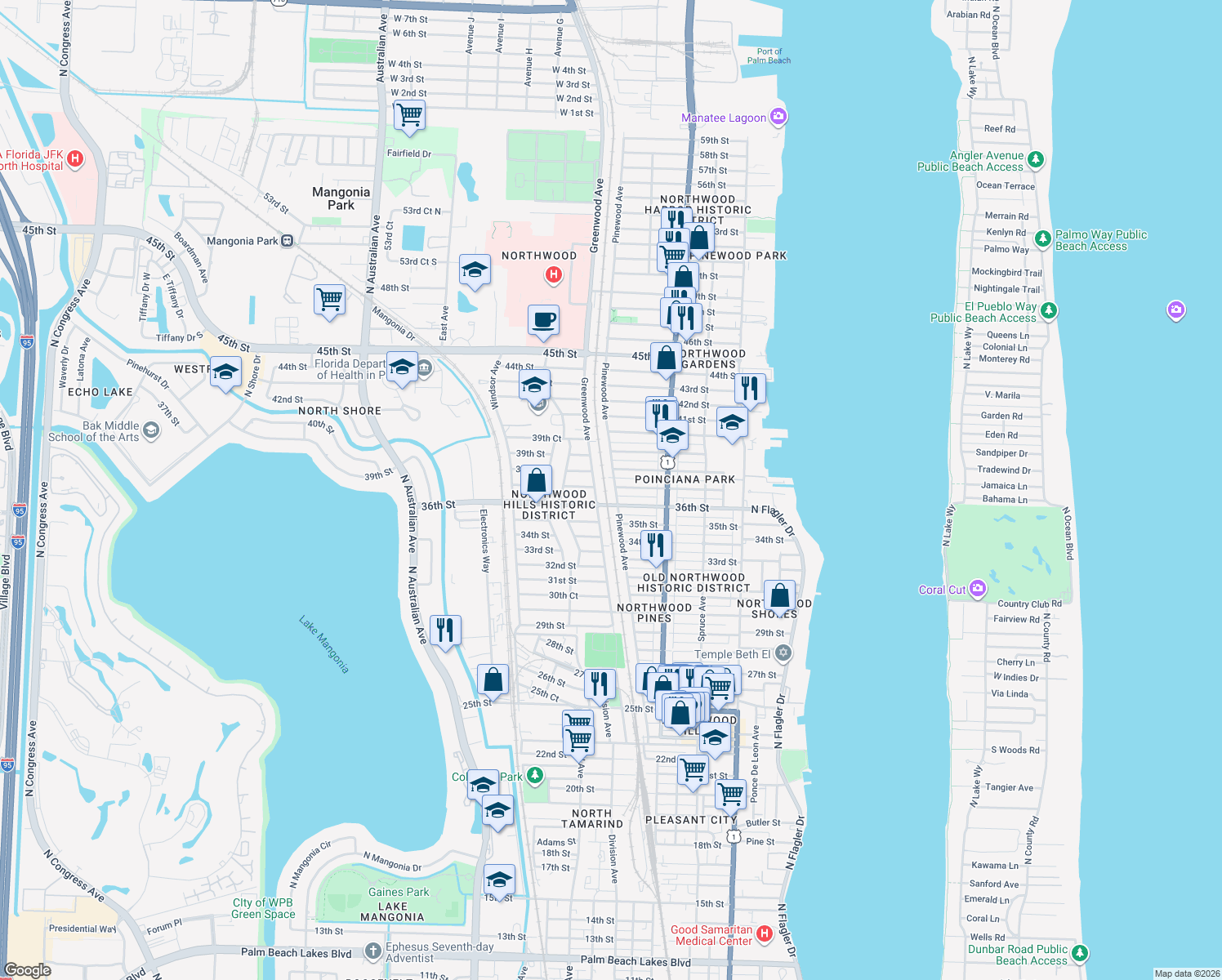map of restaurants, bars, coffee shops, grocery stores, and more near 3717 Pinewood Avenue in West Palm Beach