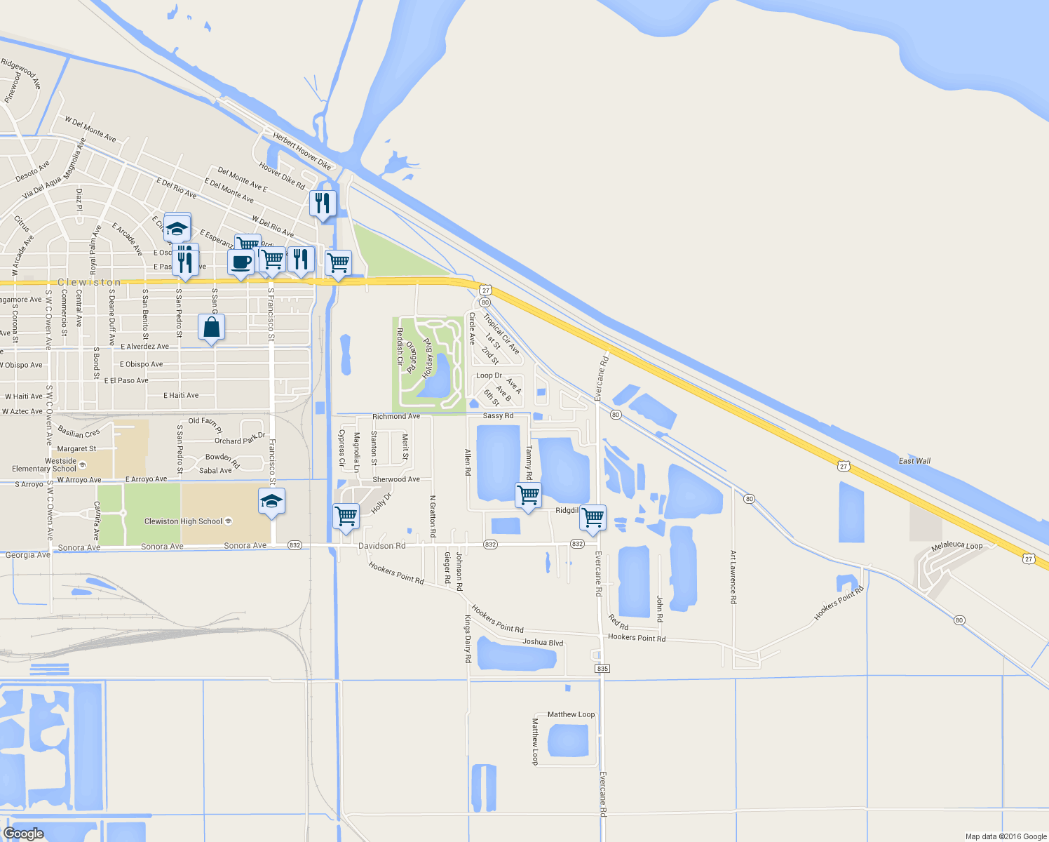 map of restaurants, bars, coffee shops, grocery stores, and more near 1721 Sassy Road in Clewiston