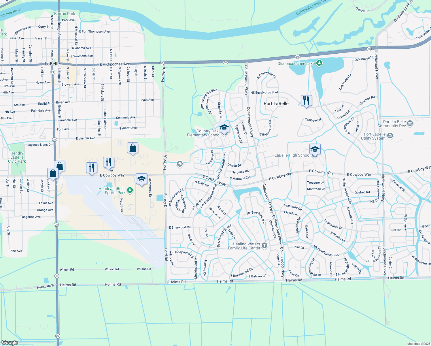 map of restaurants, bars, coffee shops, grocery stores, and more near 2011 Clipper Circle in LaBelle