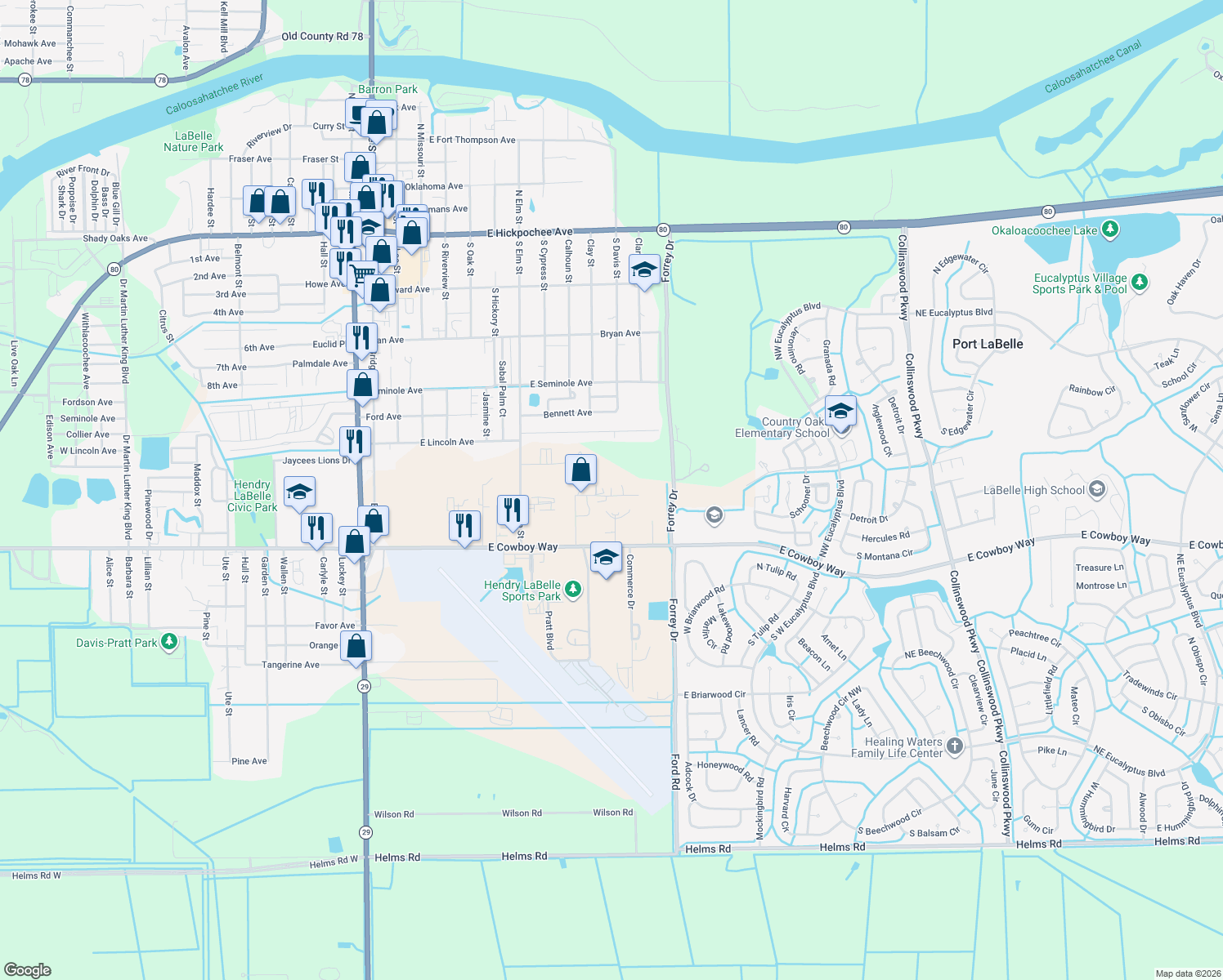 map of restaurants, bars, coffee shops, grocery stores, and more near 805 Industrial Boulevard in LaBelle