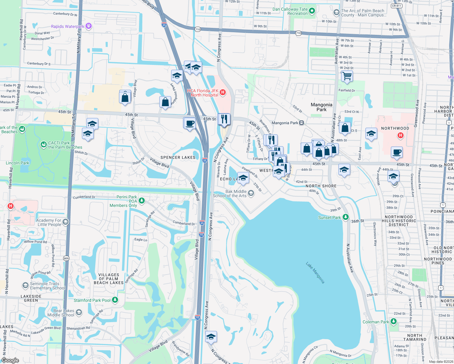 map of restaurants, bars, coffee shops, grocery stores, and more near 4016 Latona Avenue in West Palm Beach