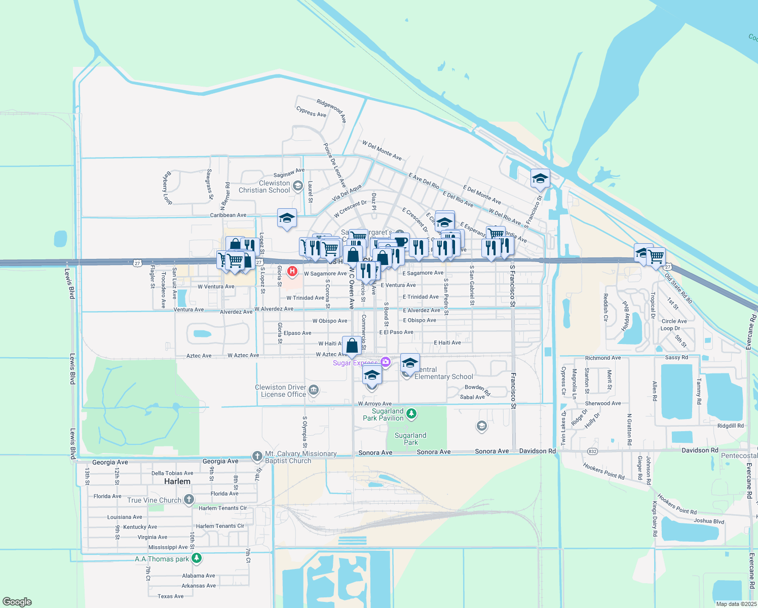 map of restaurants, bars, coffee shops, grocery stores, and more near 336 Central Avenue in Clewiston