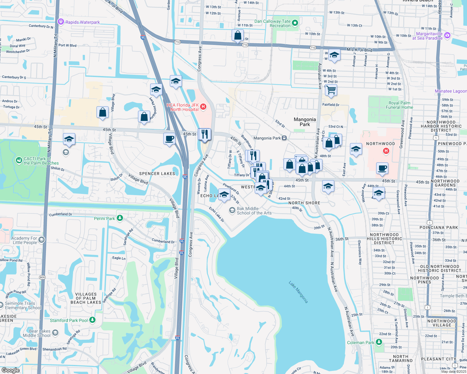 map of restaurants, bars, coffee shops, grocery stores, and more near 1919 Pinehurst Drive in West Palm Beach