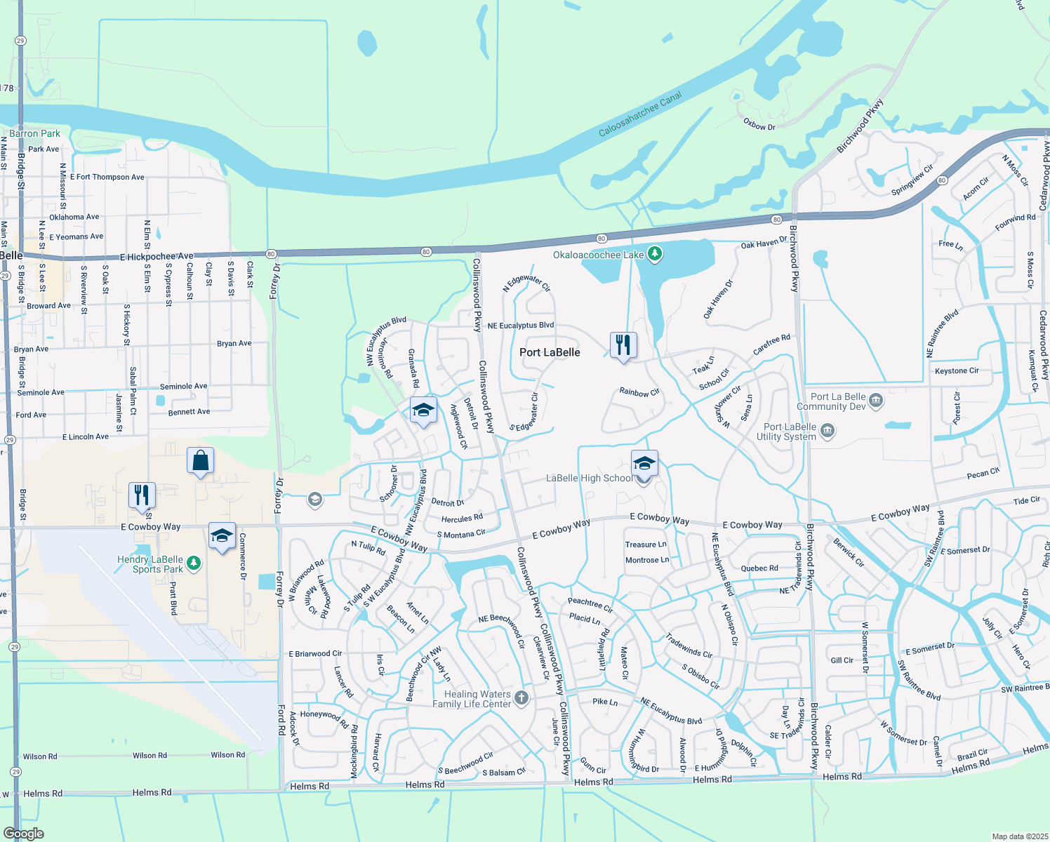 map of restaurants, bars, coffee shops, grocery stores, and more near 4048 South Edgewater Circle in LaBelle