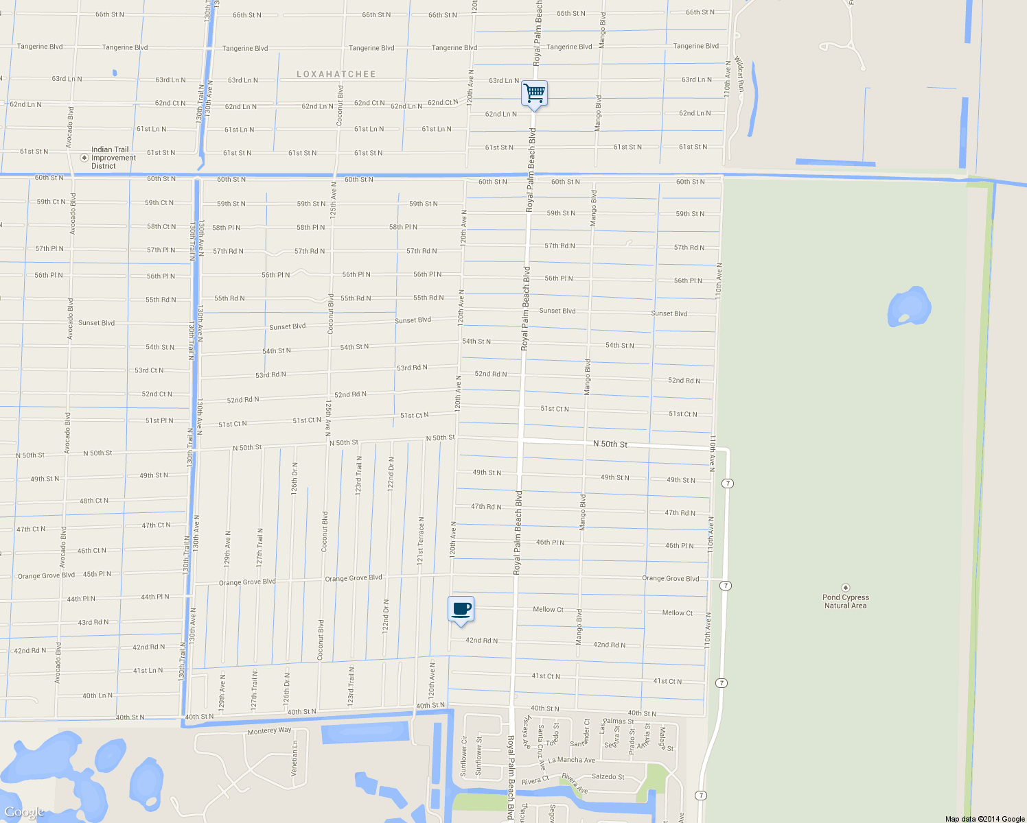 map of restaurants, bars, coffee shops, grocery stores, and more near 5121 Royal Palm Beach Boulevard in West Palm Beach
