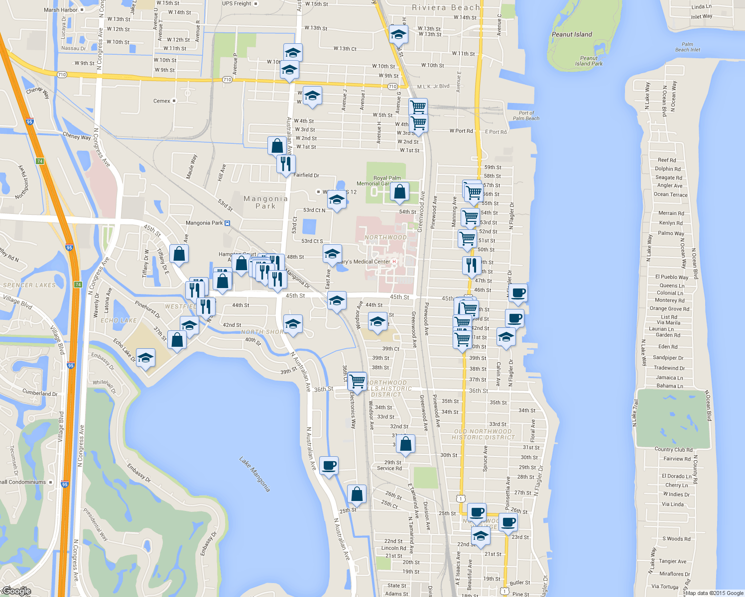 map of restaurants, bars, coffee shops, grocery stores, and more near 936 45th Street in West Palm Beach