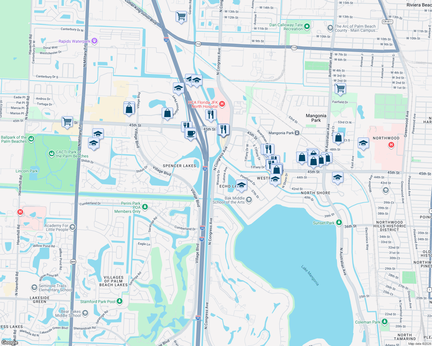 map of restaurants, bars, coffee shops, grocery stores, and more near 4209 Waverly Drive in West Palm Beach