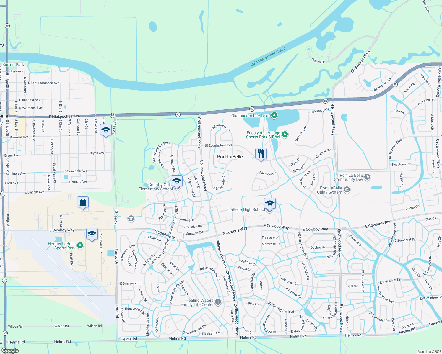 map of restaurants, bars, coffee shops, grocery stores, and more near 4056 South Edgewater Circle in LaBelle