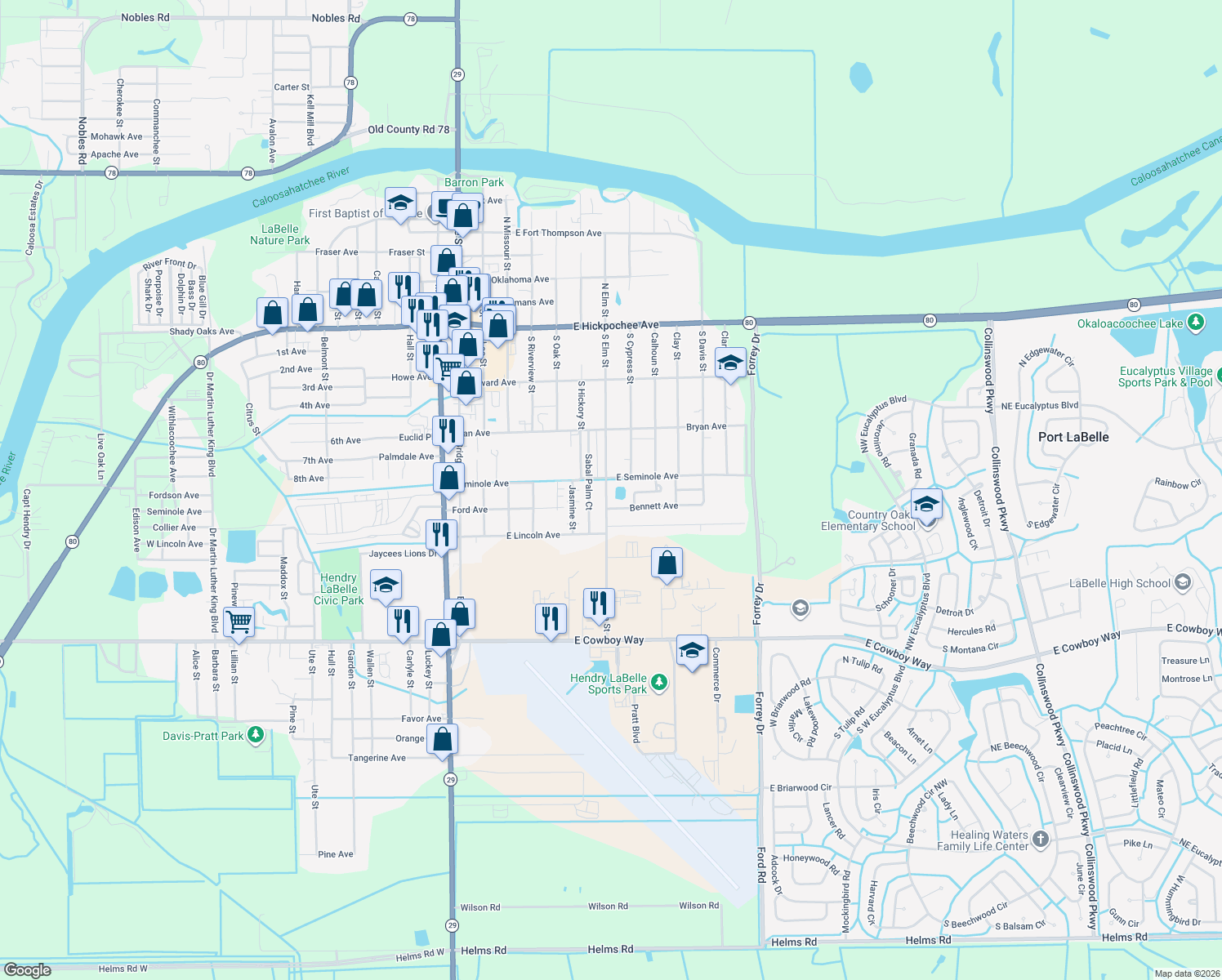 map of restaurants, bars, coffee shops, grocery stores, and more near 535 South Elm Street in LaBelle