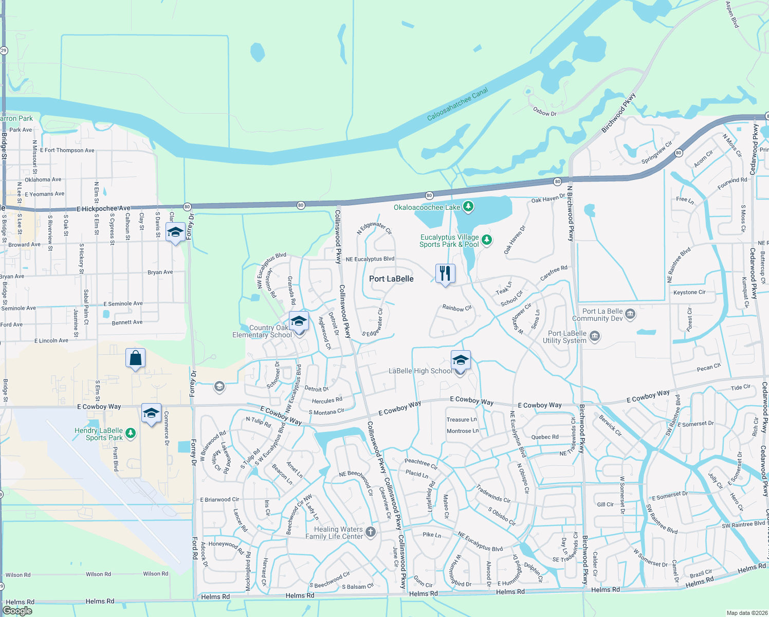 map of restaurants, bars, coffee shops, grocery stores, and more near 4081 South Edgewater Circle in LaBelle