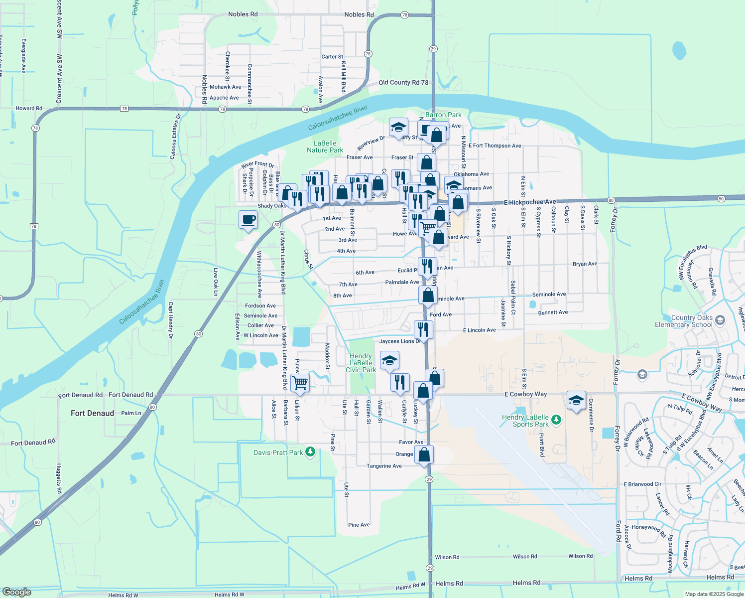 map of restaurants, bars, coffee shops, grocery stores, and more near 299 8th Avenue in LaBelle