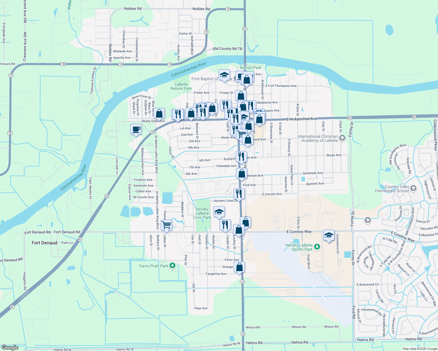 map of restaurants, bars, coffee shops, grocery stores, and more near 510 Kathryn Street in LaBelle