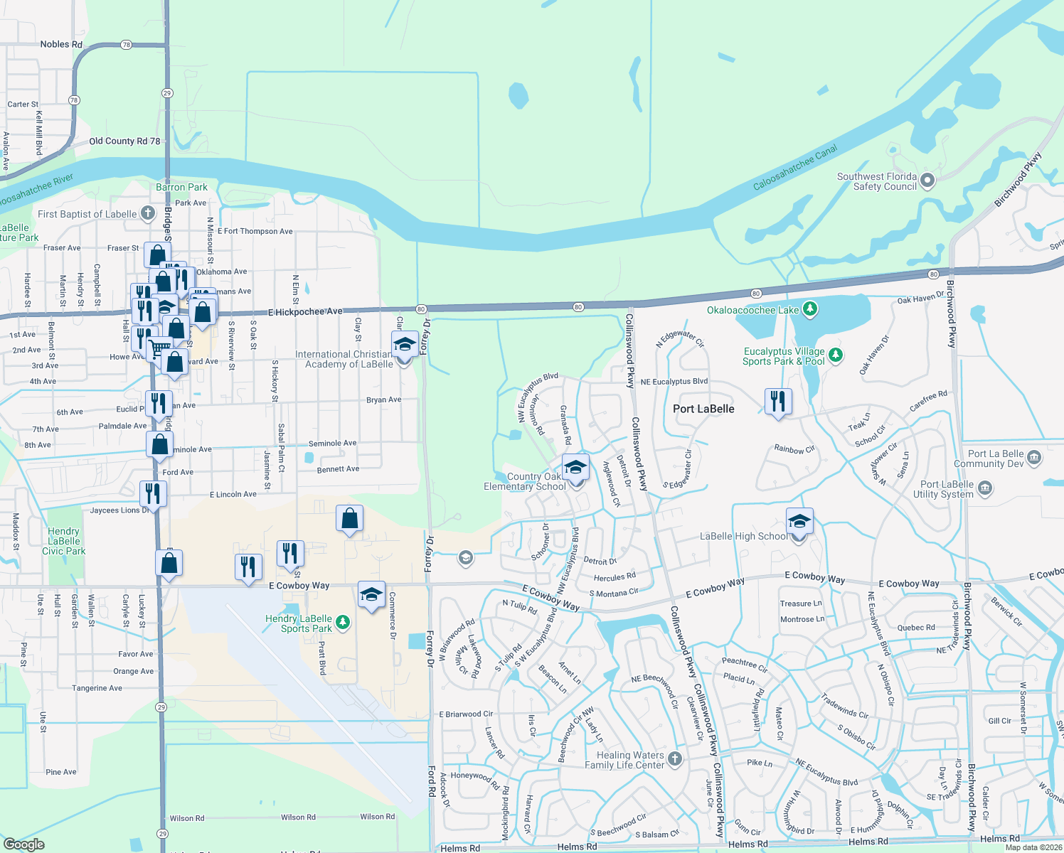 map of restaurants, bars, coffee shops, grocery stores, and more near 2031 Jeronimo Road in LaBelle