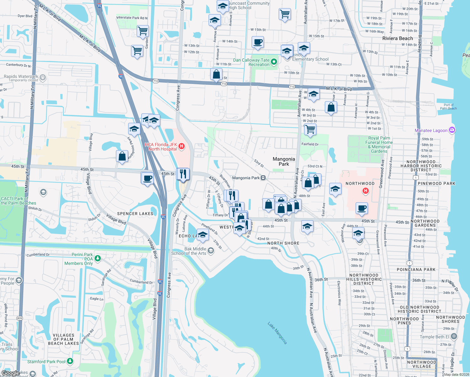 map of restaurants, bars, coffee shops, grocery stores, and more near 5000 Jeffery Avenue in West Palm Beach