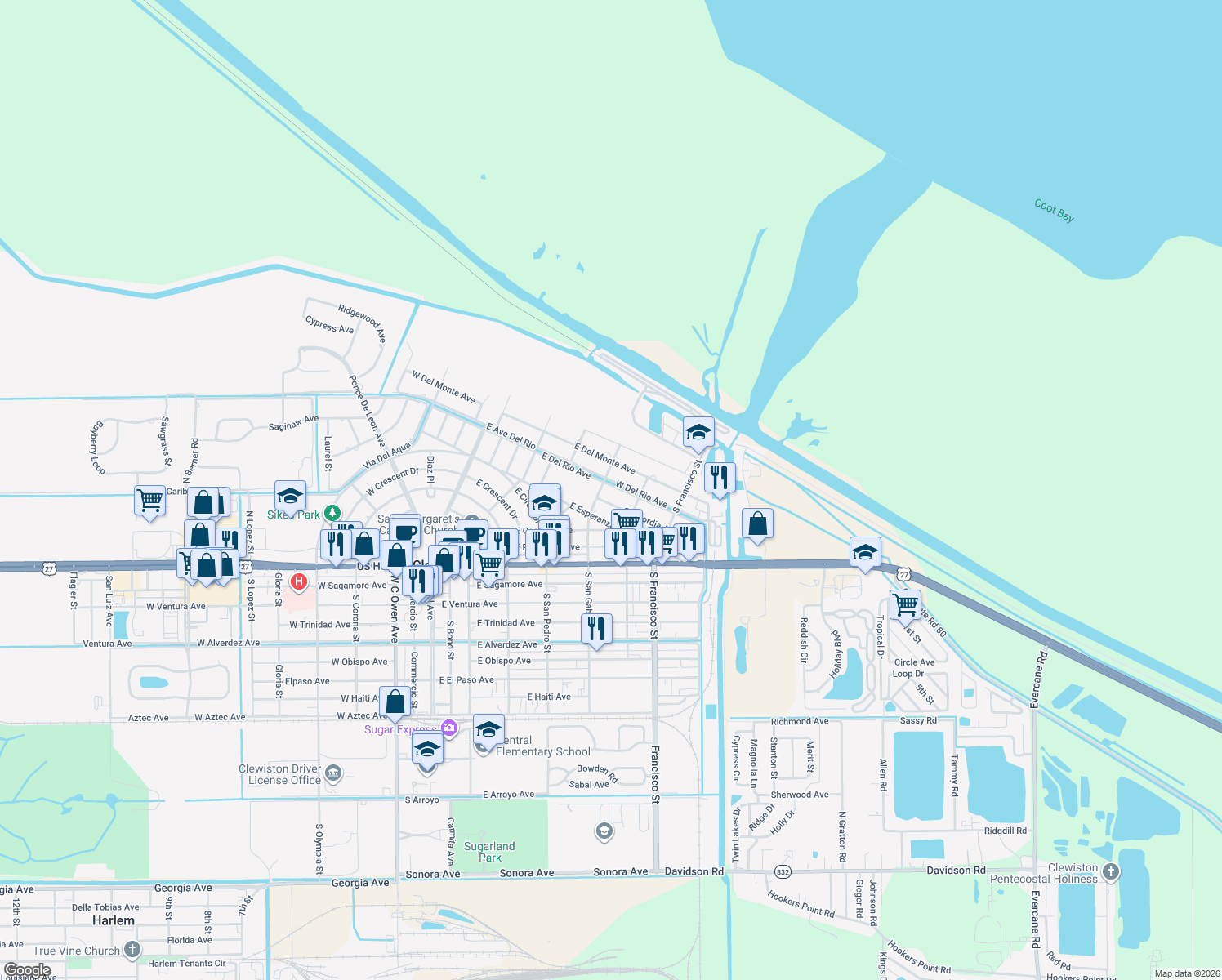 map of restaurants, bars, coffee shops, grocery stores, and more near North San Gabriel Street in Clewiston