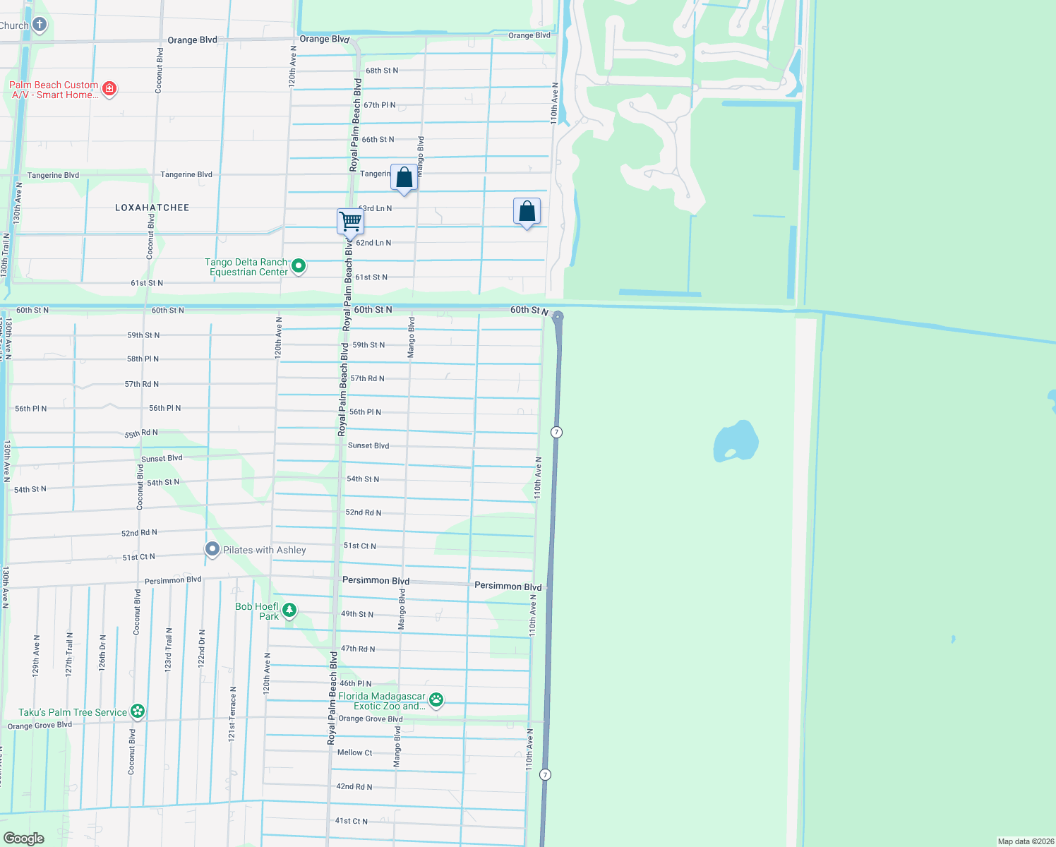 map of restaurants, bars, coffee shops, grocery stores, and more near 11060 56th Place North in Royal Palm Beach