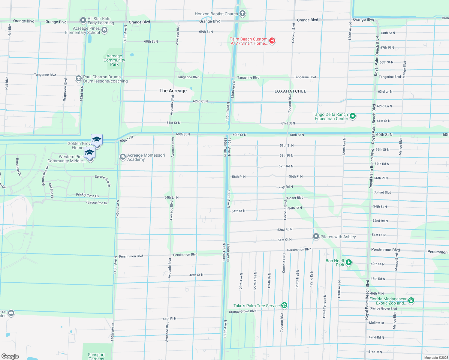 map of restaurants, bars, coffee shops, grocery stores, and more near 13028 56th Place North in West Palm Beach