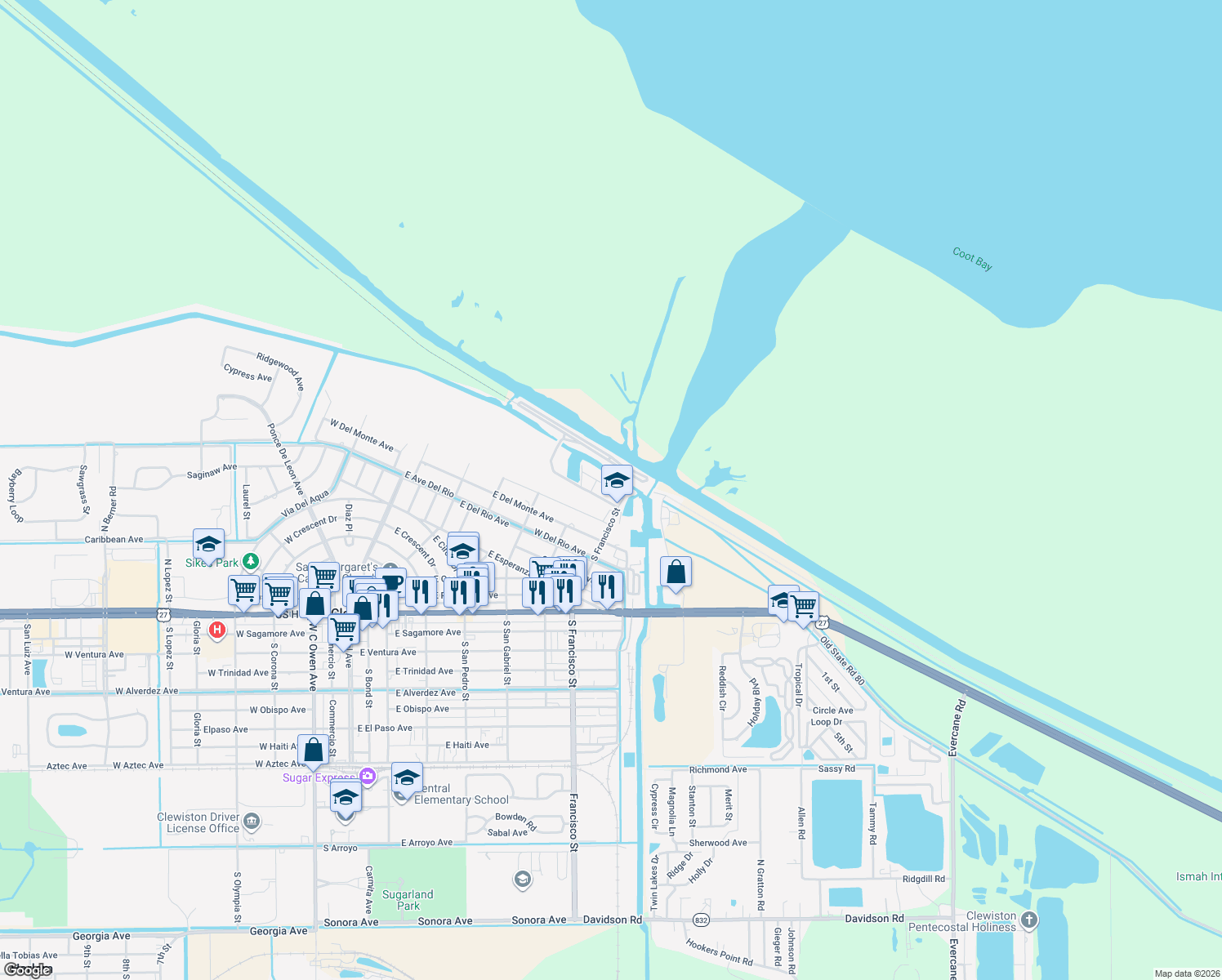 map of restaurants, bars, coffee shops, grocery stores, and more near 901 North Francisco Street in Clewiston
