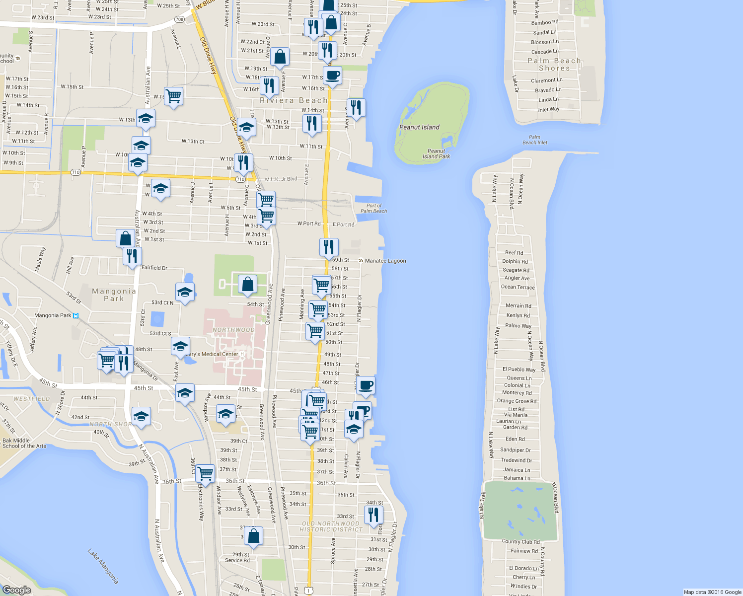 map of restaurants, bars, coffee shops, grocery stores, and more near 5500-5598 North Flagler Drive in West Palm Beach