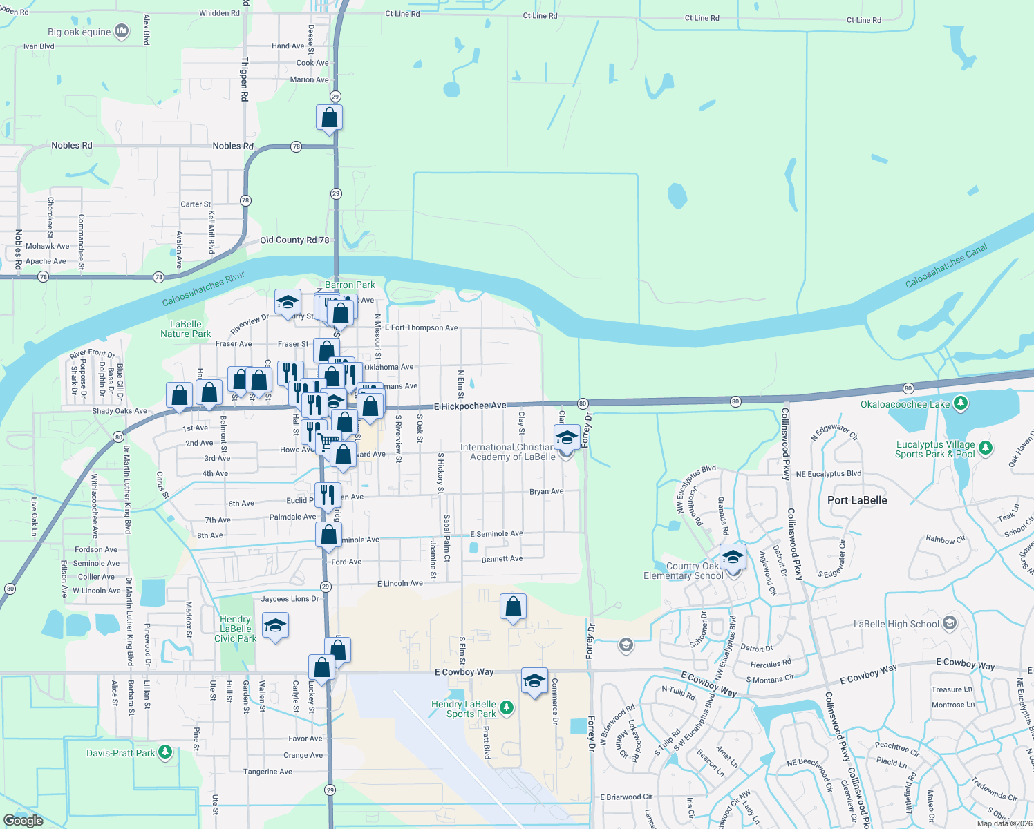map of restaurants, bars, coffee shops, grocery stores, and more near 749 East Hickpochee Avenue in LaBelle