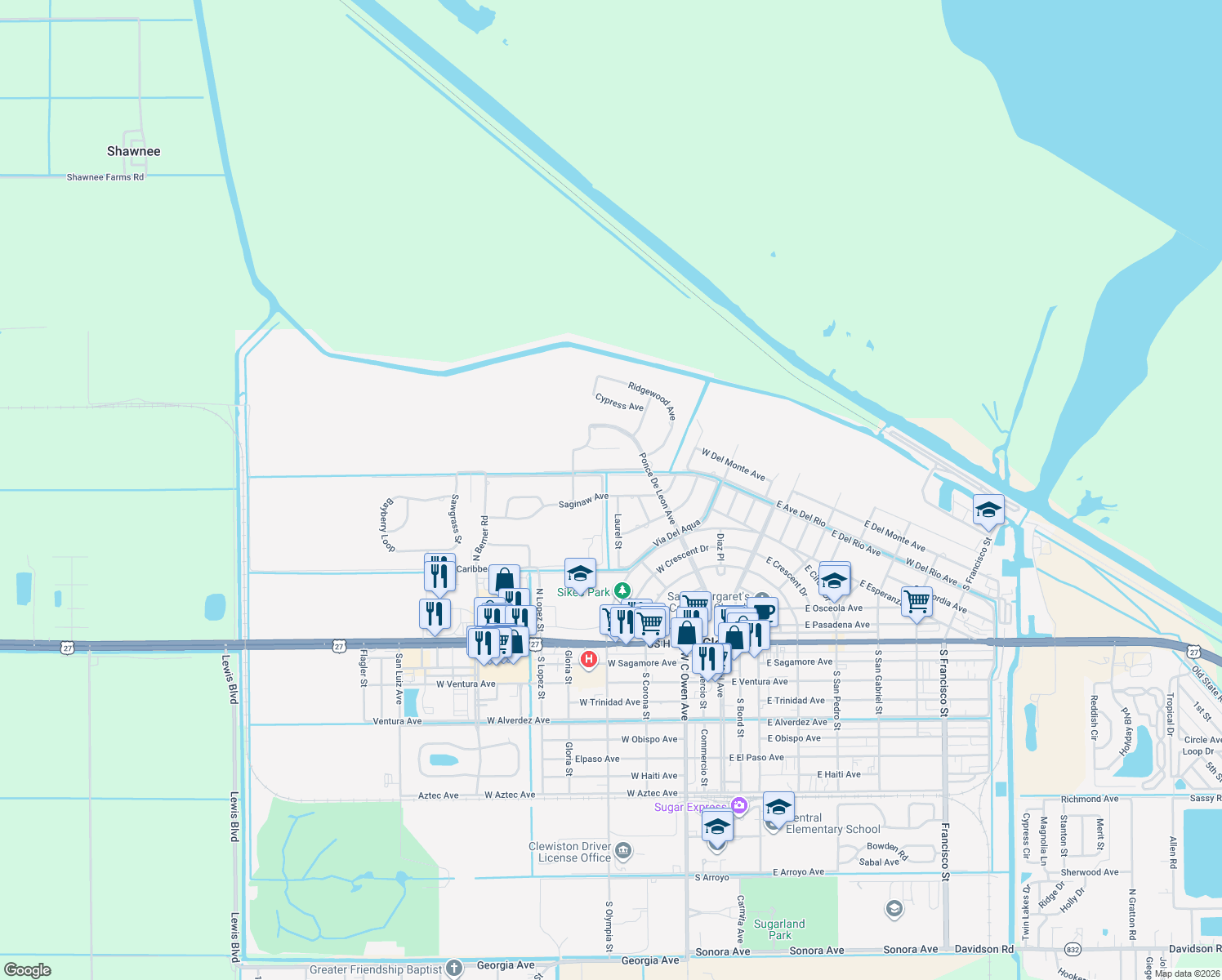 map of restaurants, bars, coffee shops, grocery stores, and more near 333 Saginaw Avenue in Clewiston