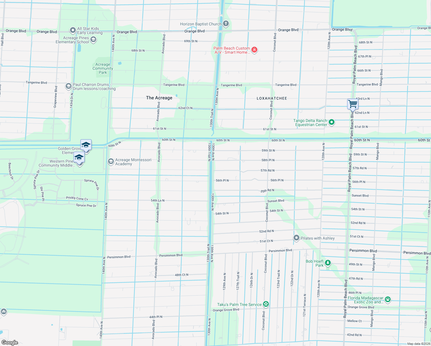 map of restaurants, bars, coffee shops, grocery stores, and more near 12970 57th Road North in West Palm Beach