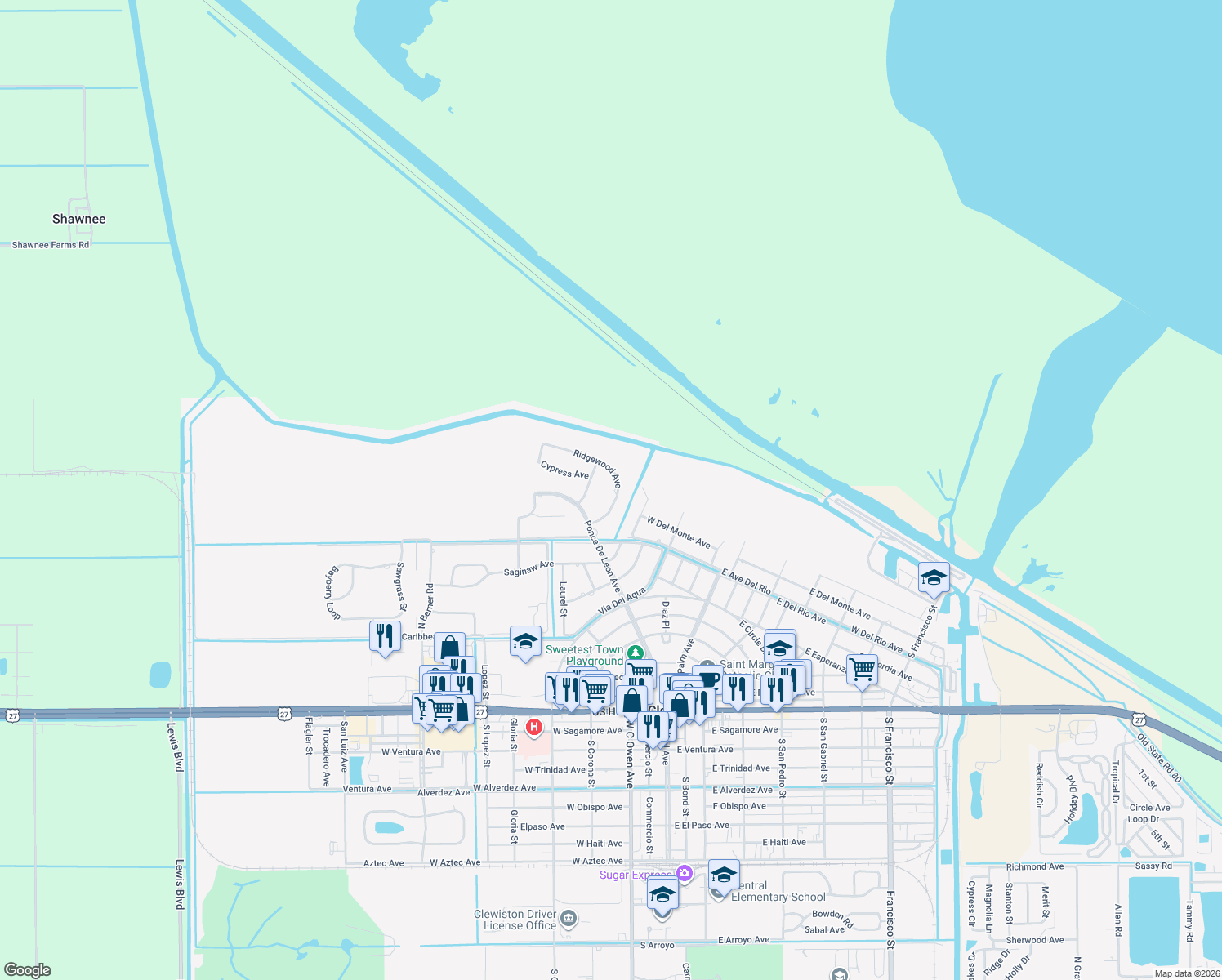 map of restaurants, bars, coffee shops, grocery stores, and more near 109 Ridgewood Avenue in Clewiston