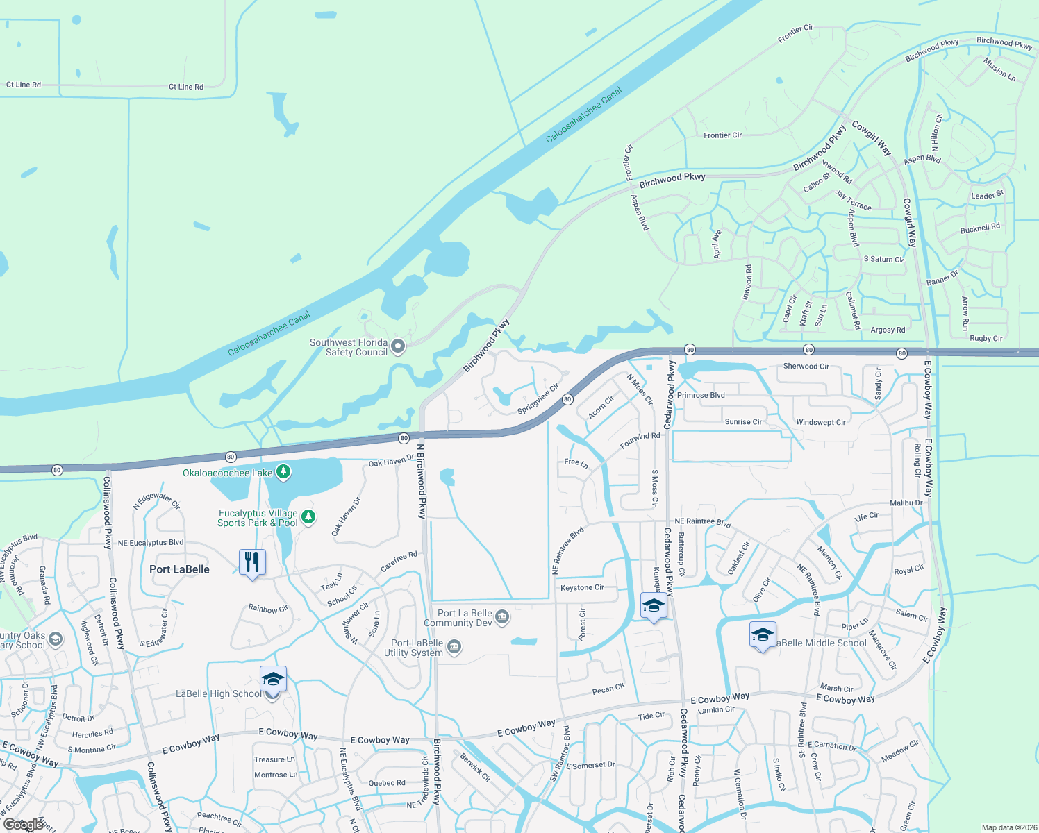 map of restaurants, bars, coffee shops, grocery stores, and more near 4531 Springview Circle in LaBelle