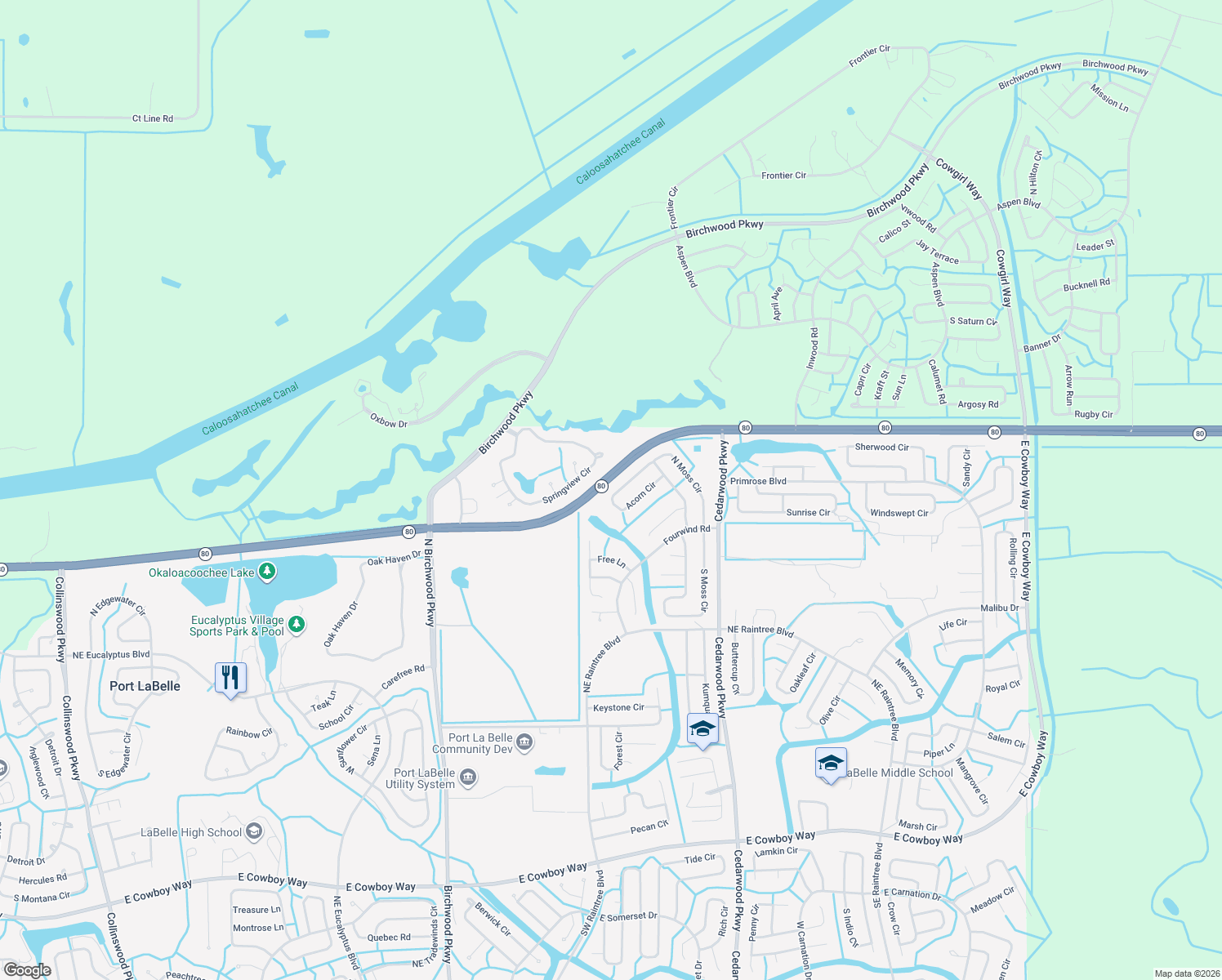 map of restaurants, bars, coffee shops, grocery stores, and more near 6021 Acorn Circle in LaBelle
