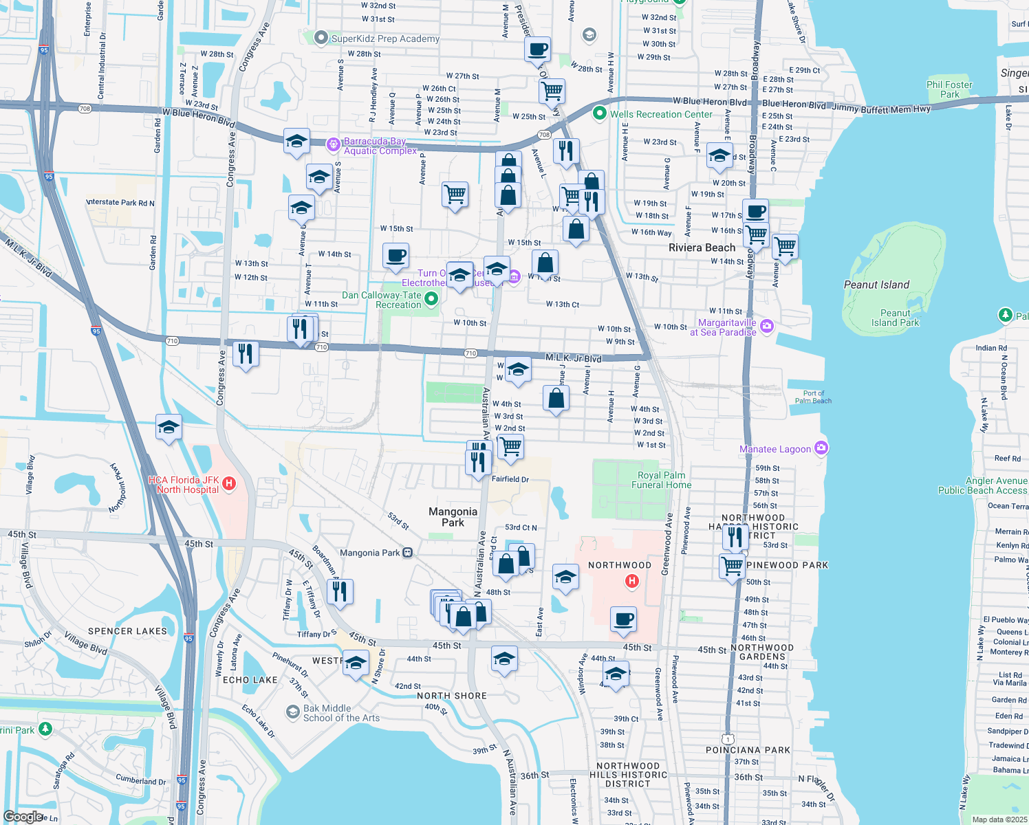 map of restaurants, bars, coffee shops, grocery stores, and more near 1070 West 3rd Street in West Palm Beach
