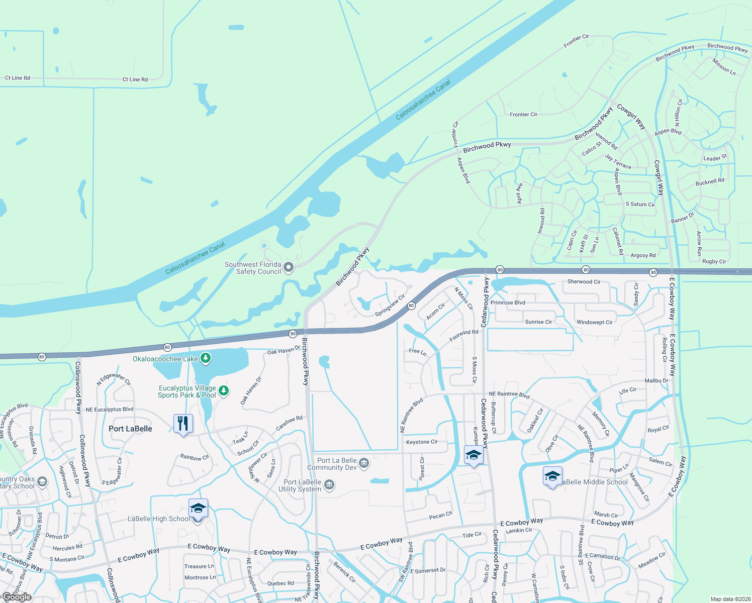 map of restaurants, bars, coffee shops, grocery stores, and more near 4506 Echo Court in LaBelle