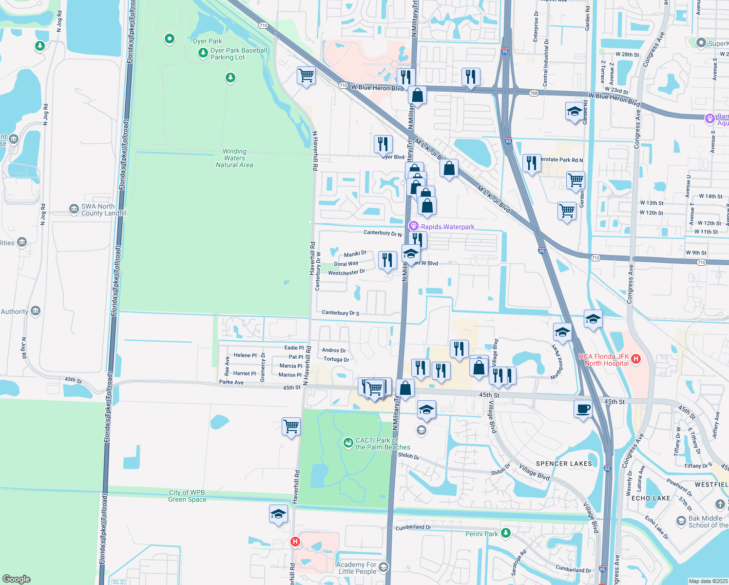 map of restaurants, bars, coffee shops, grocery stores, and more near 115 Timber Run W in Riviera Beach