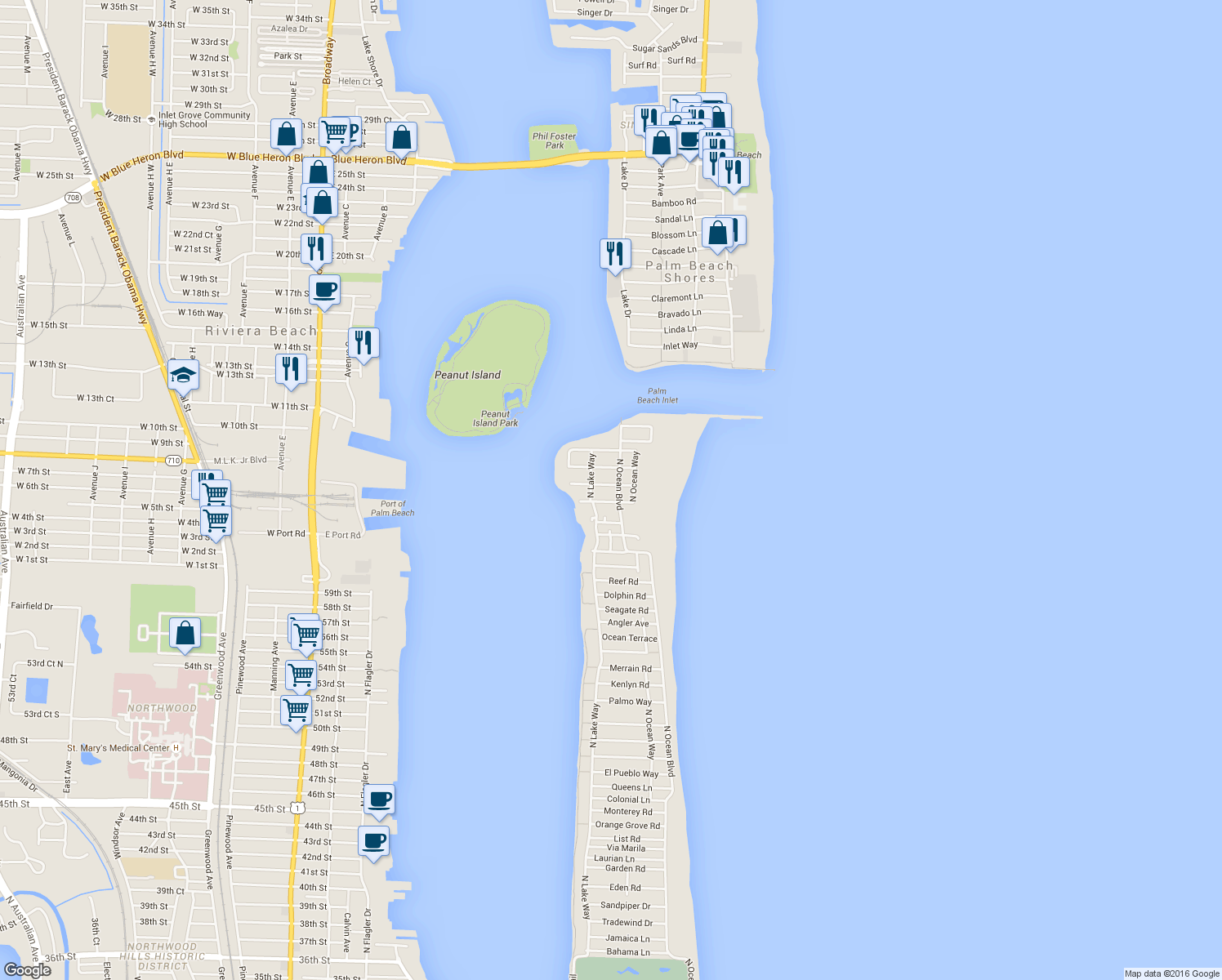 map of restaurants, bars, coffee shops, grocery stores, and more near 206 Caribbean Road in Palm Beach
