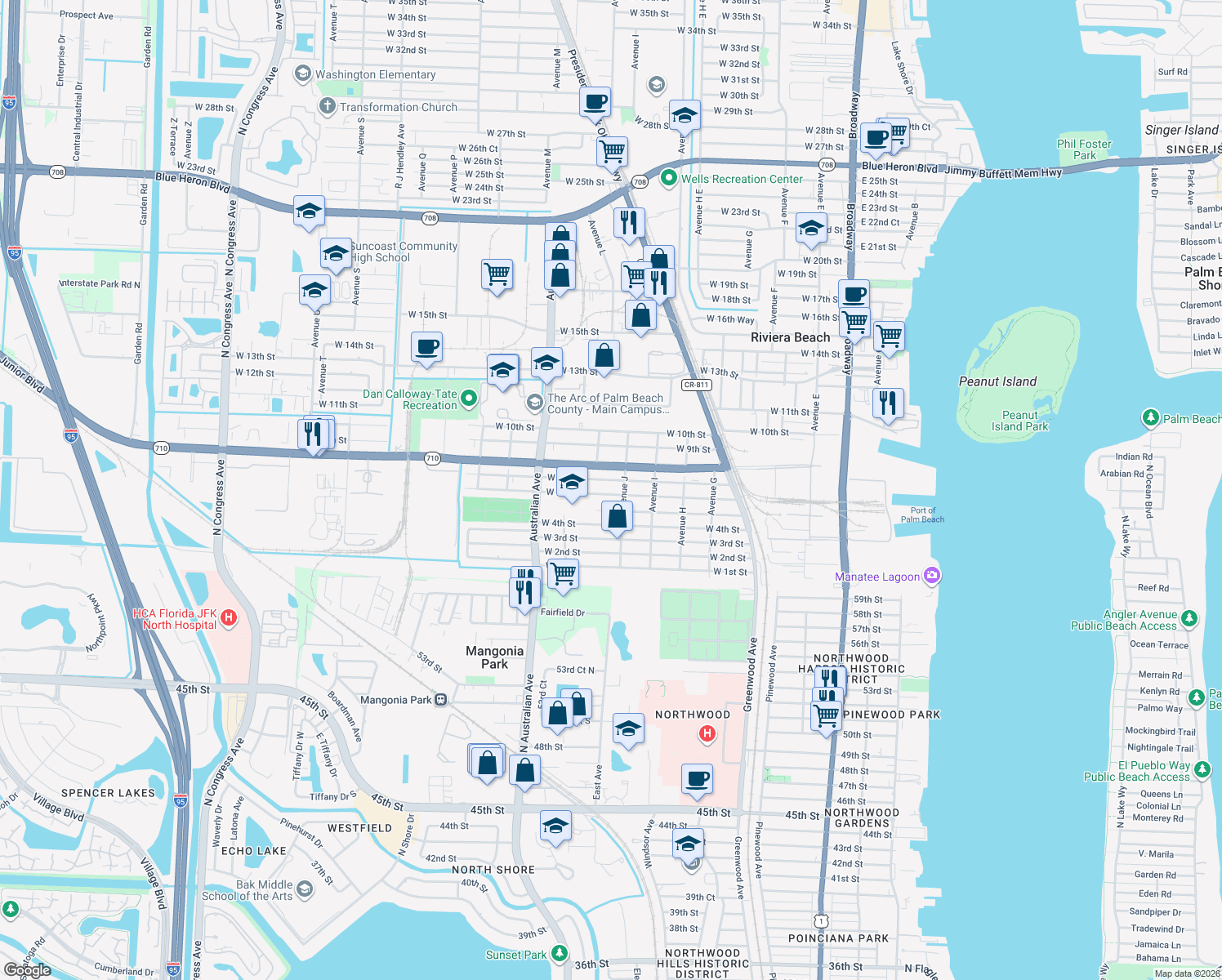 map of restaurants, bars, coffee shops, grocery stores, and more near 928 West 6th Street in West Palm Beach