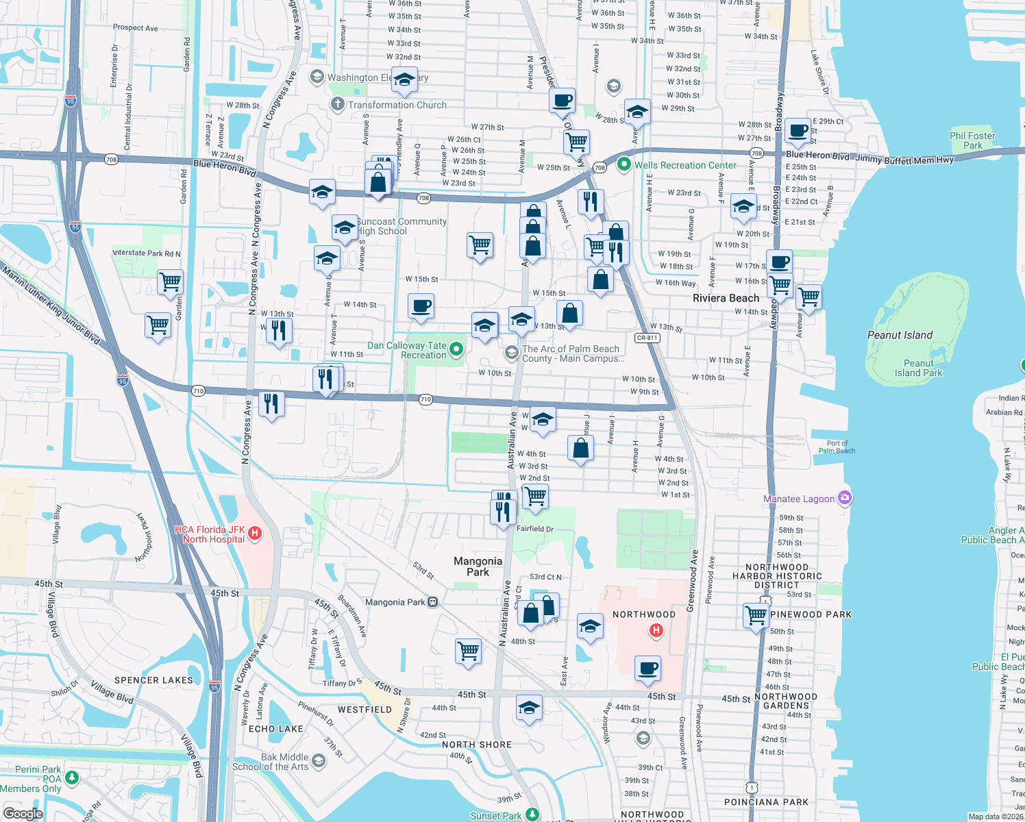 map of restaurants, bars, coffee shops, grocery stores, and more near 701 Australian Avenue in West Palm Beach