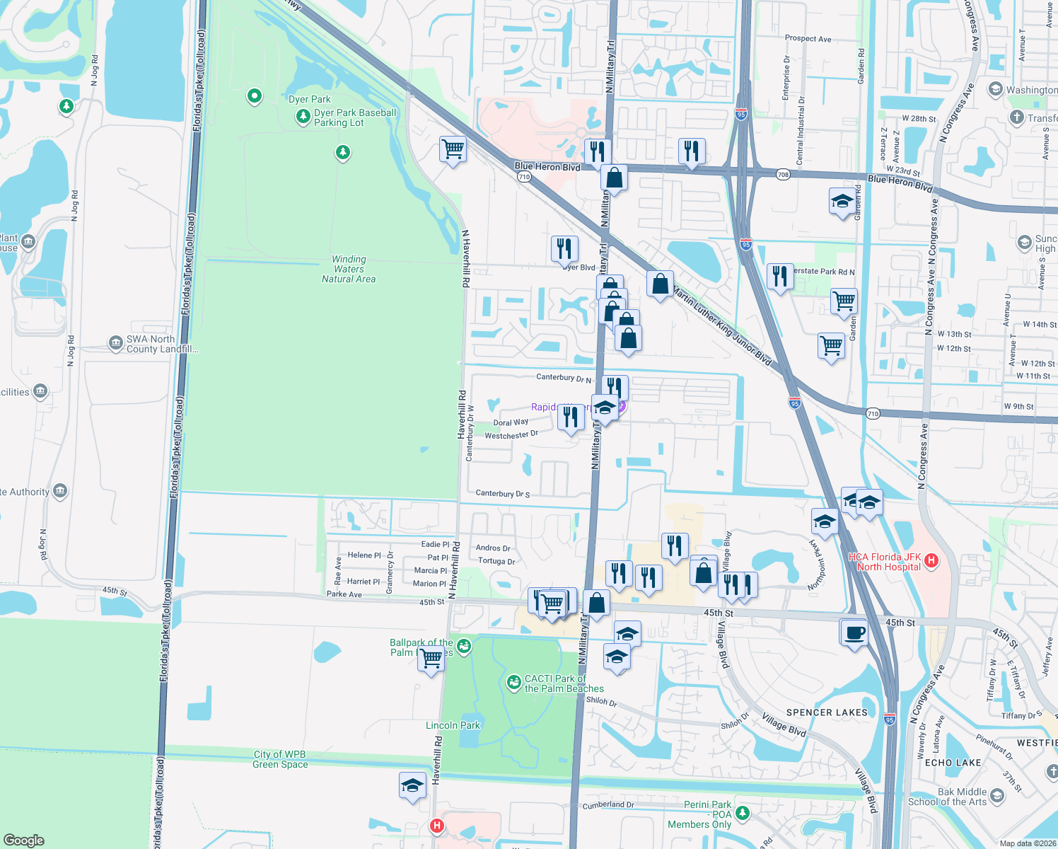 map of restaurants, bars, coffee shops, grocery stores, and more near 2531 Doral Way in Riviera Beach