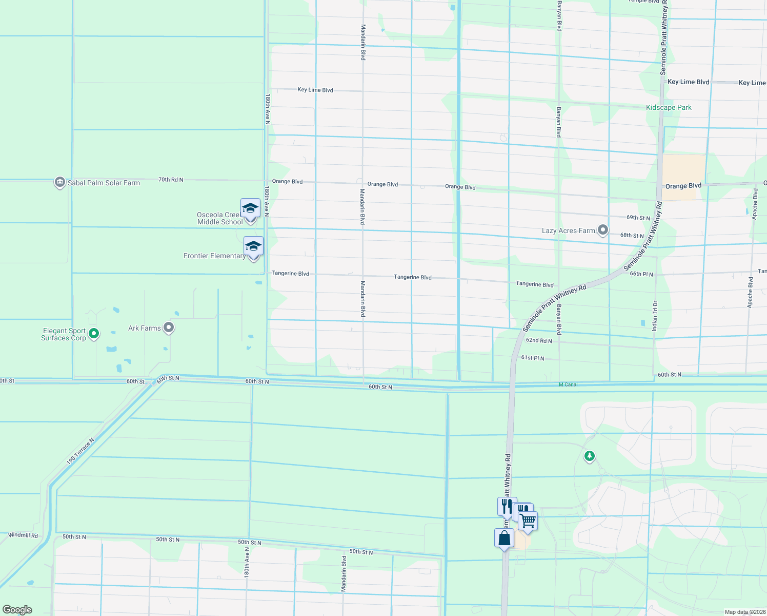 map of restaurants, bars, coffee shops, grocery stores, and more near 17389 63rd Road North in Loxahatchee