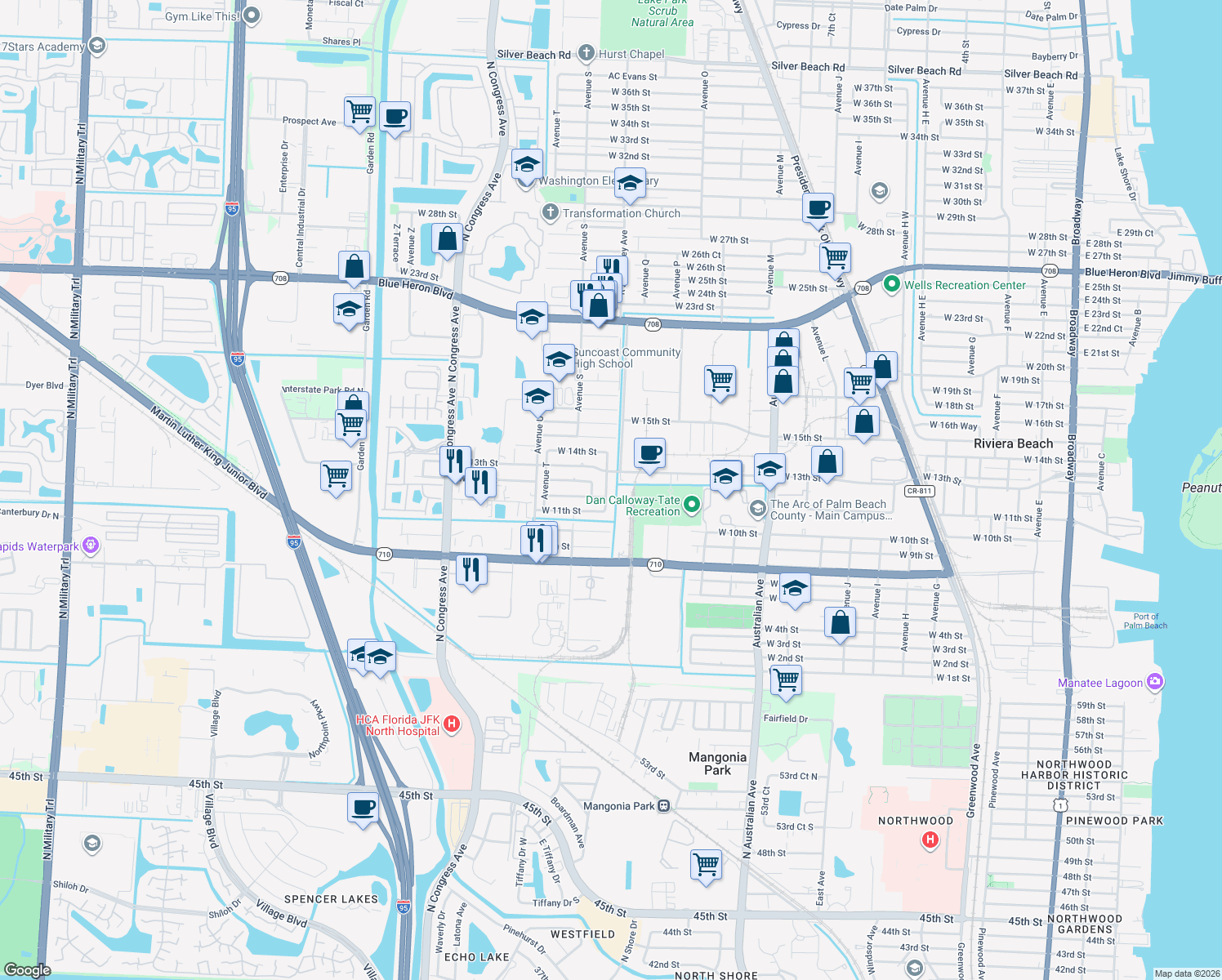 map of restaurants, bars, coffee shops, grocery stores, and more near 1210 Avenue R in West Palm Beach