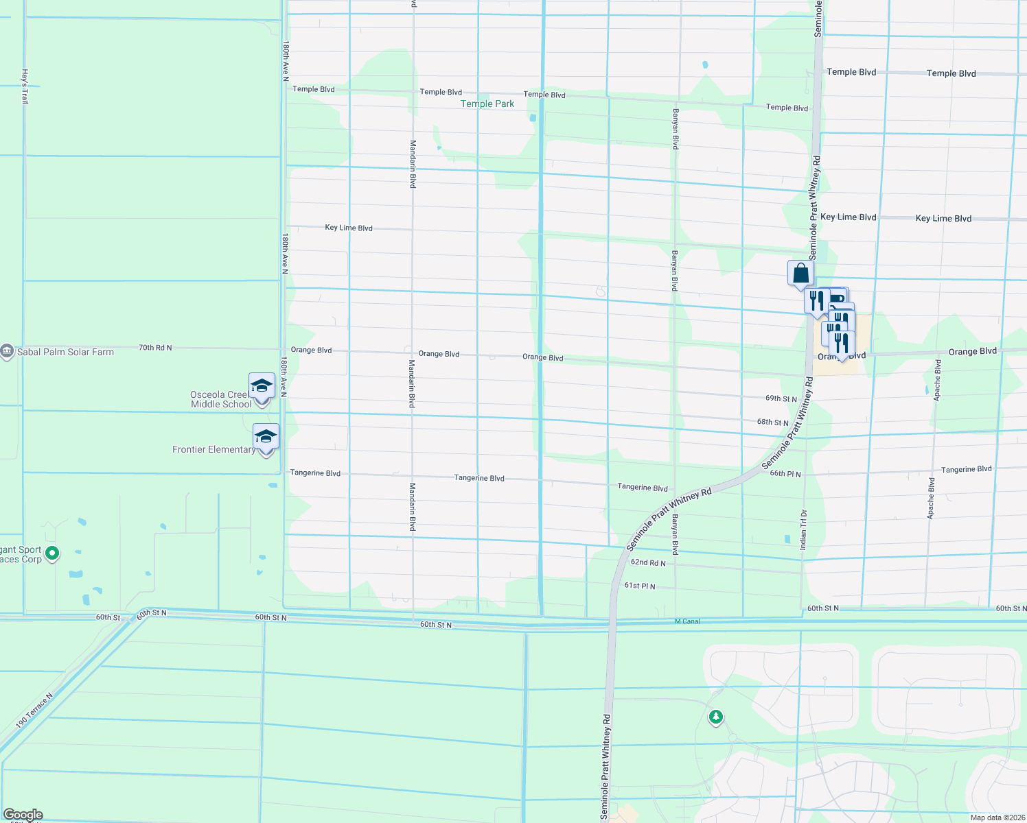 map of restaurants, bars, coffee shops, grocery stores, and more near 17104 68th Street North in Loxahatchee