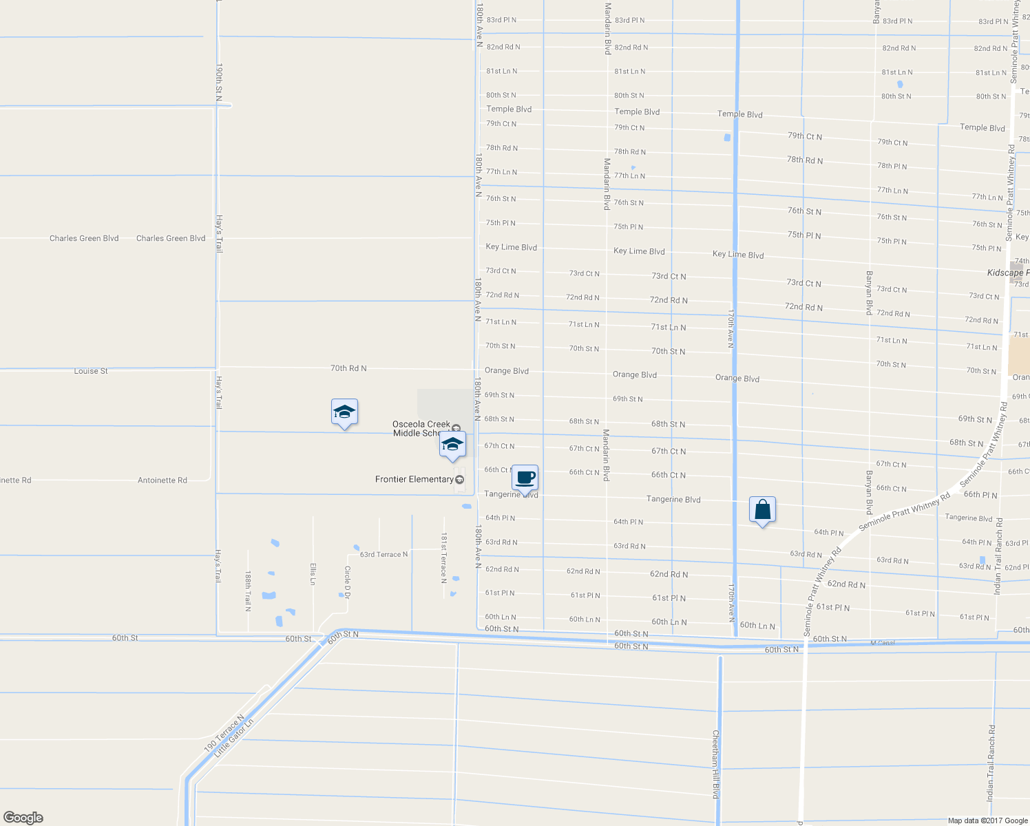 map of restaurants, bars, coffee shops, grocery stores, and more near 17851 68th Street North in Loxahatchee