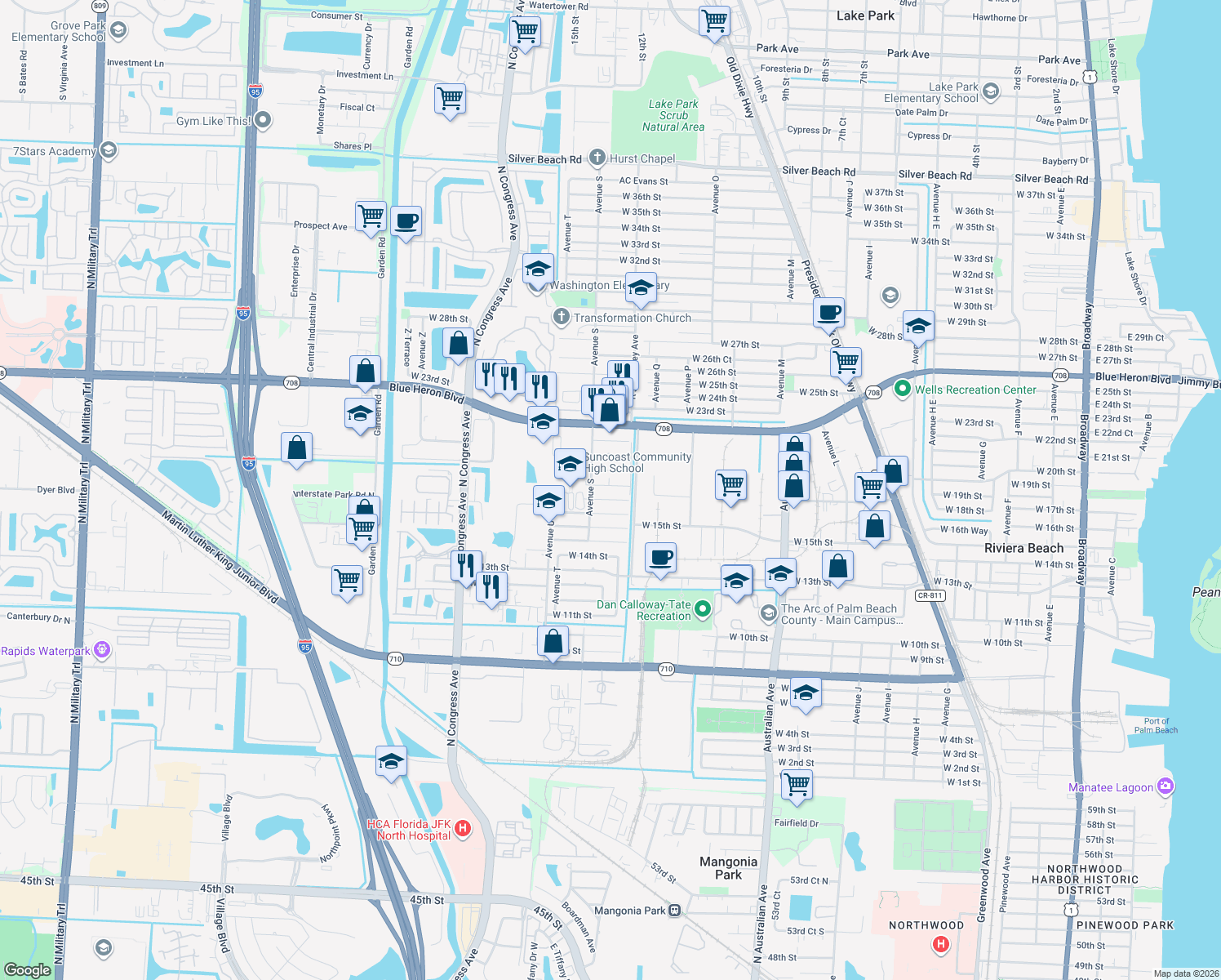 map of restaurants, bars, coffee shops, grocery stores, and more near 1549 West 19th Street in West Palm Beach