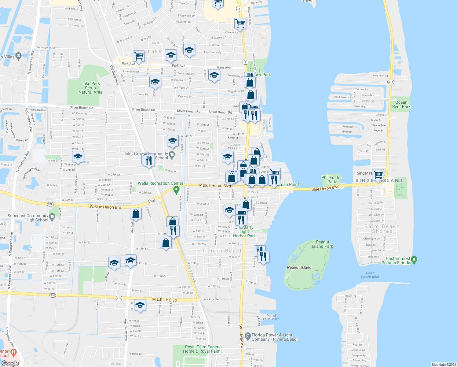 map of restaurants, bars, coffee shops, grocery stores, and more near 126 West Blue Heron Boulevard in Riviera Beach