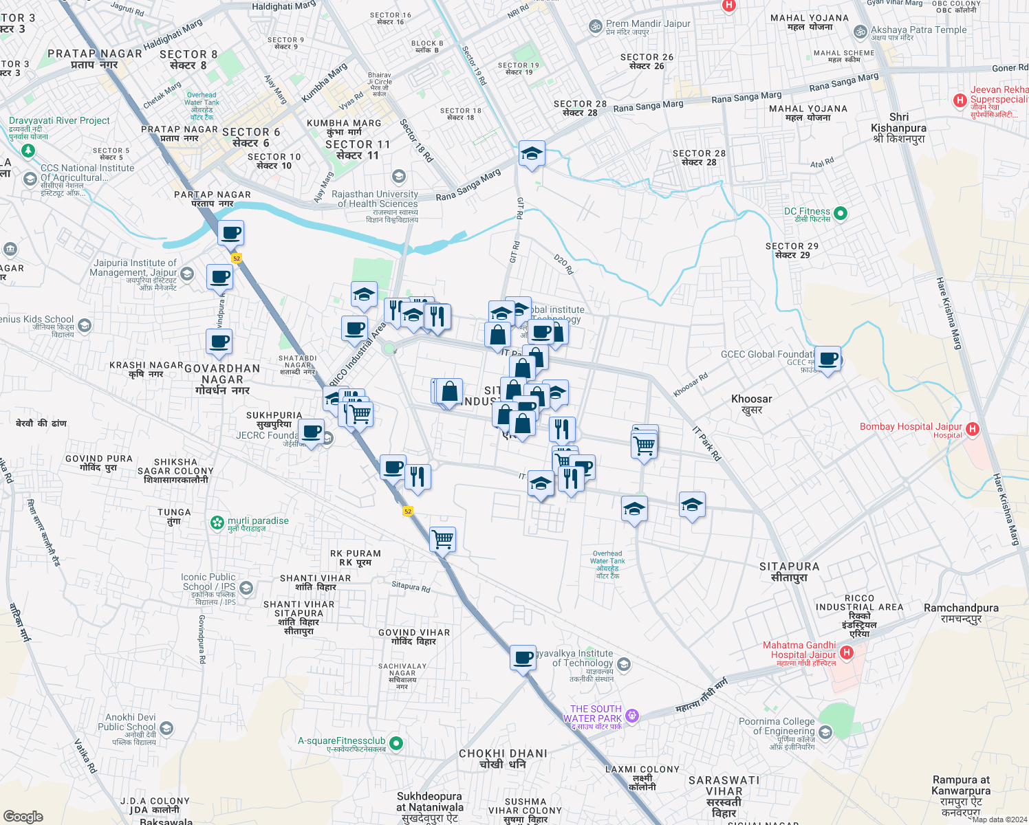 map of restaurants, bars, coffee shops, grocery stores, and more near in Jaipur