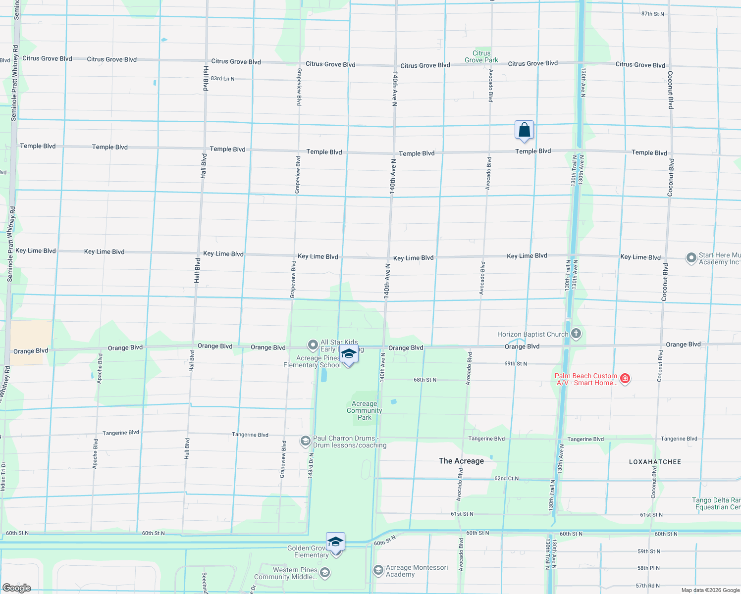 map of restaurants, bars, coffee shops, grocery stores, and more near 14116 73rd Street North in Loxahatchee