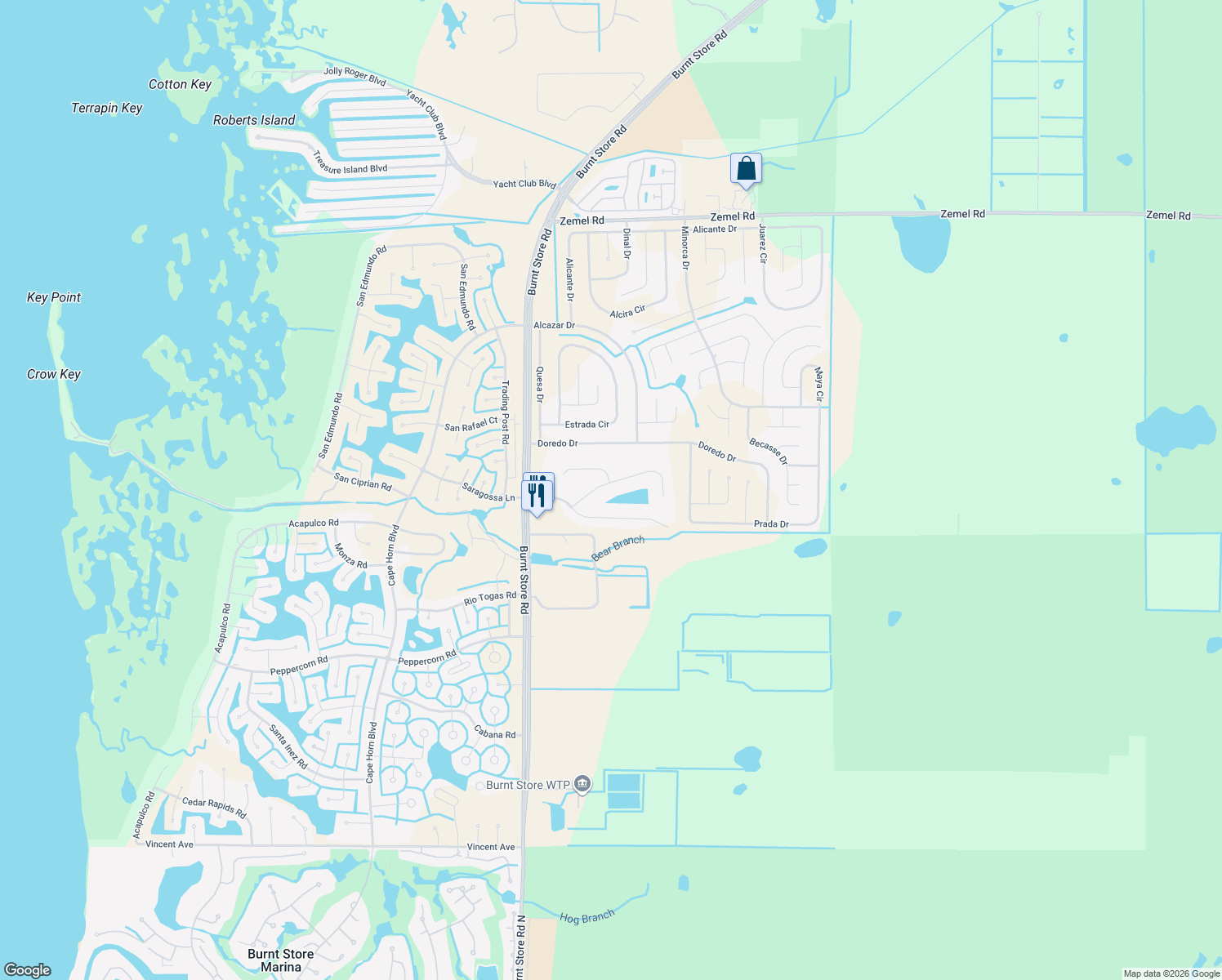 map of restaurants, bars, coffee shops, grocery stores, and more near 25131 Roland Lane in Punta Gorda