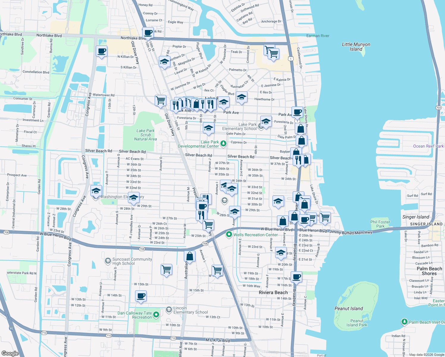 map of restaurants, bars, coffee shops, grocery stores, and more near 630 West 34th Street in West Palm Beach